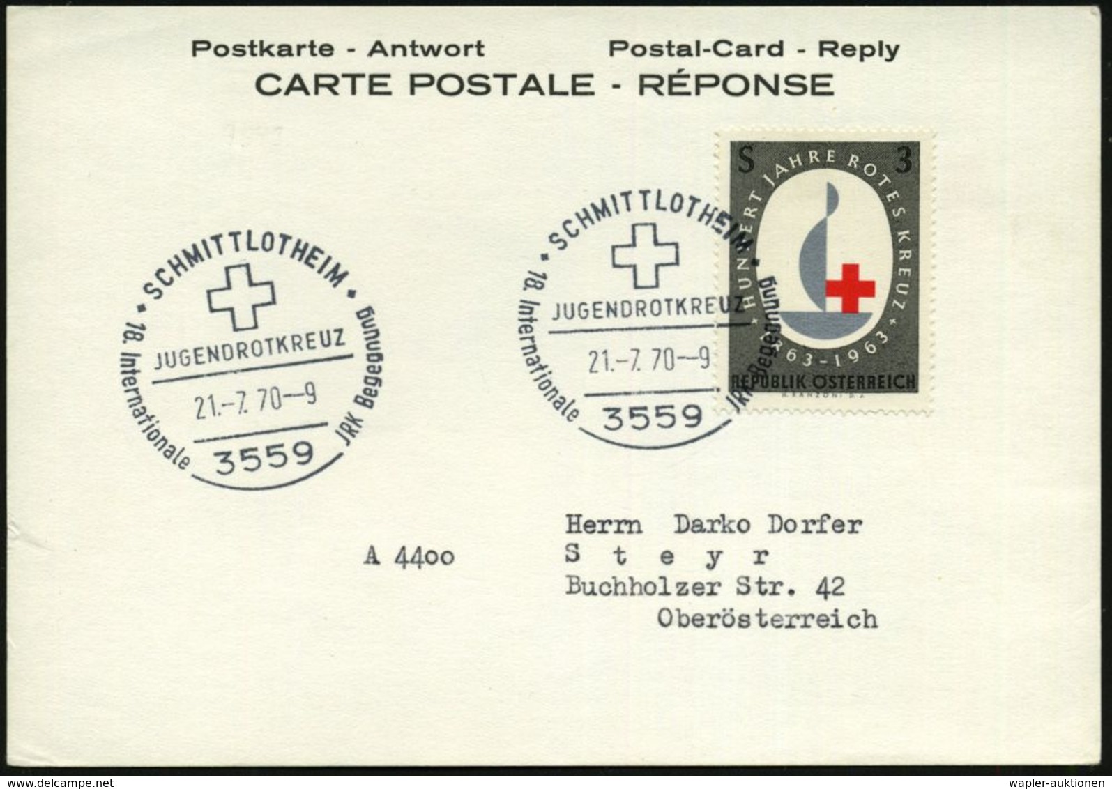 ROTKREUZ-KONFERENZEN & KONGRESSE : 3559 SCHMITTLOTHEIM/ JUGENDROTKREUZ/ 18.Internat.JRK Begegnung 1970 (21.7.) SSt (RK)  - Red Cross