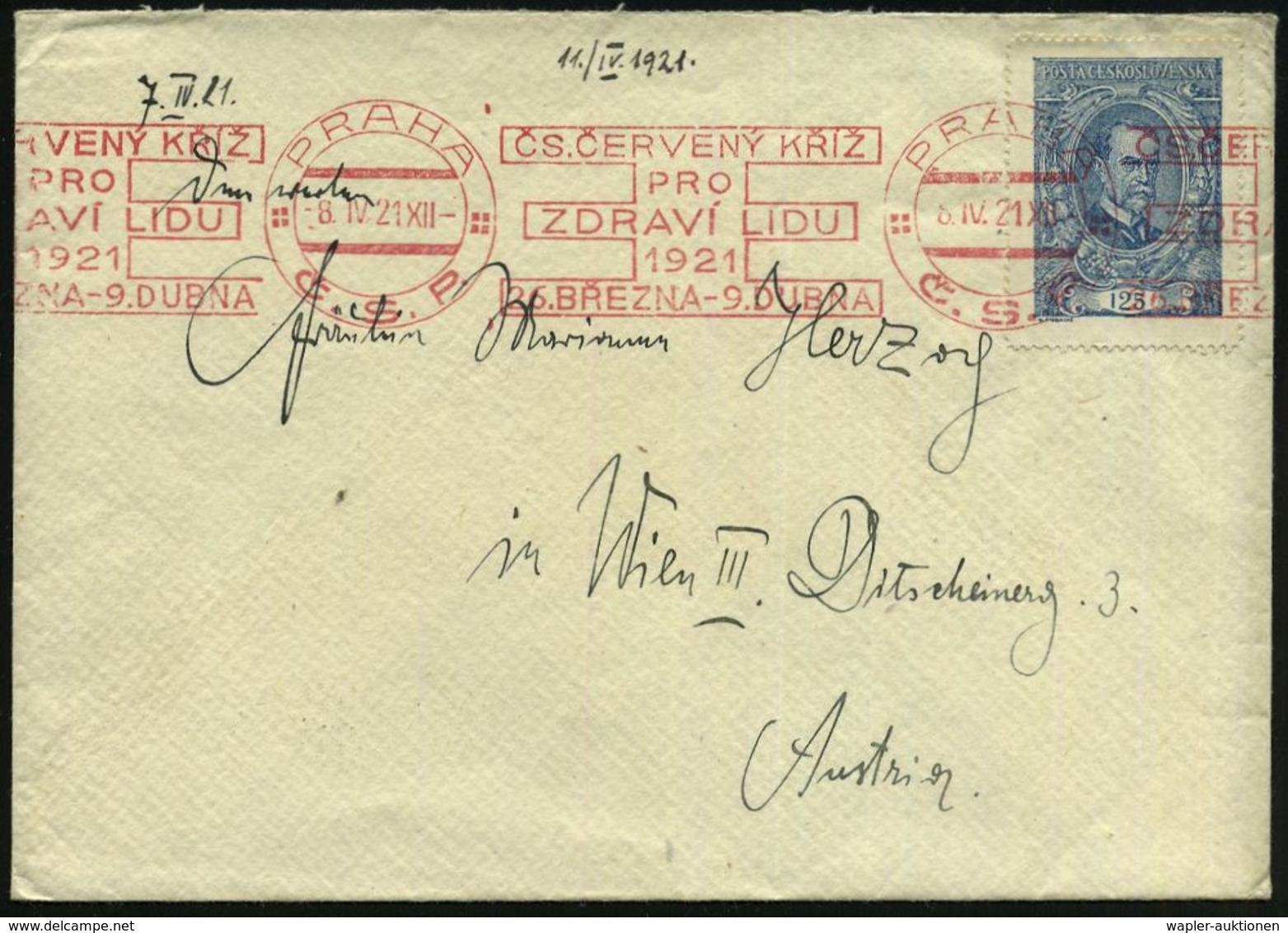 ROTKREUZ-KONFERENZEN & KONGRESSE : TSCHECHOSLOWAKEI 1921 (8.4.) Seltener, Roter BdMWSt: PRAHA/C.S.R./CS. CERVENY KRIZ/PR - Rotes Kreuz