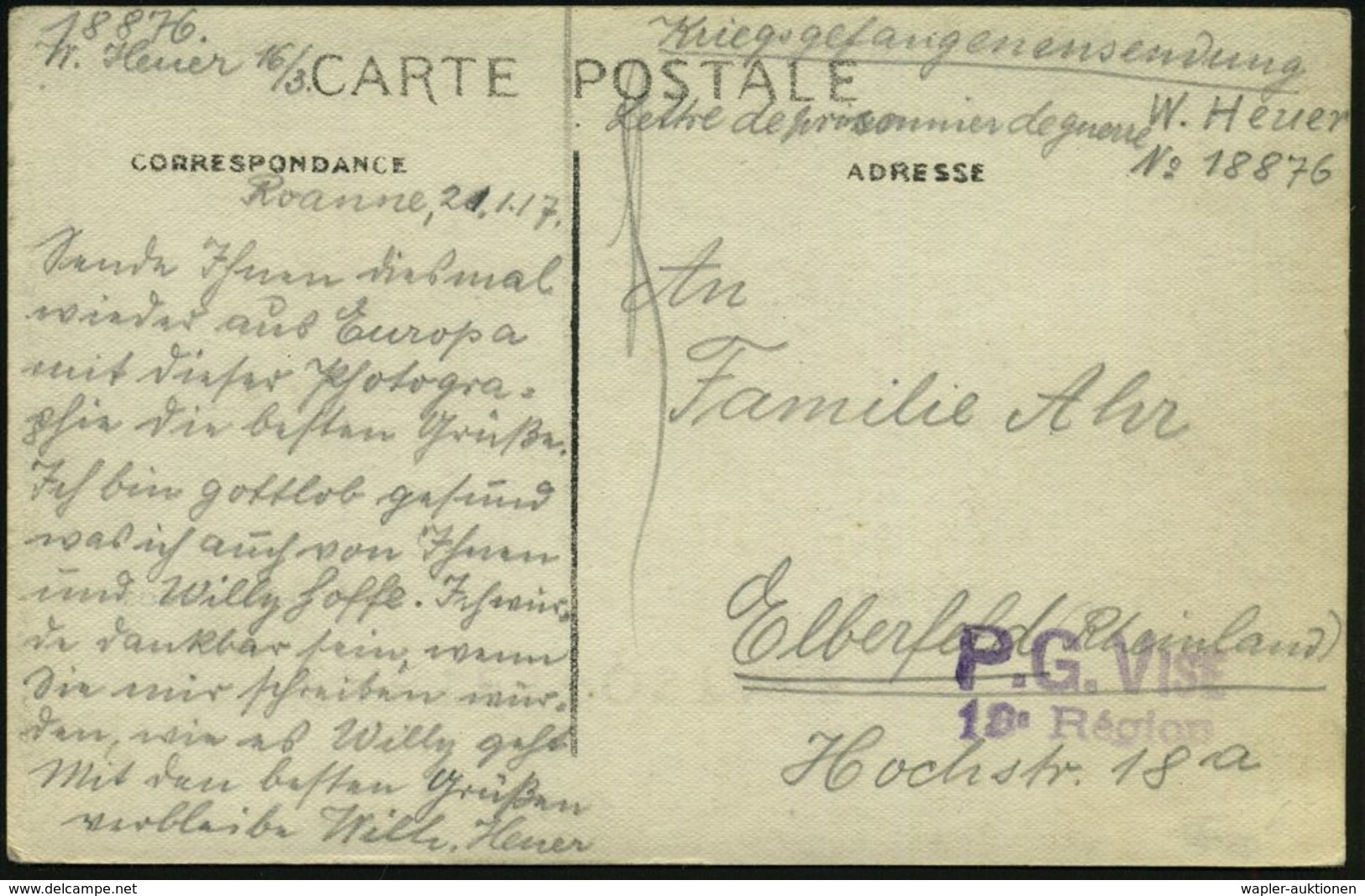 KGF-POST I.WELTKRIEG (1914-18) : FRANKREICH /  DEUTSCHES REICH 1917 (21.1.) Viol. Zensur-2L: P. G. VISÉ/13a Région = Roa - Croix-Rouge