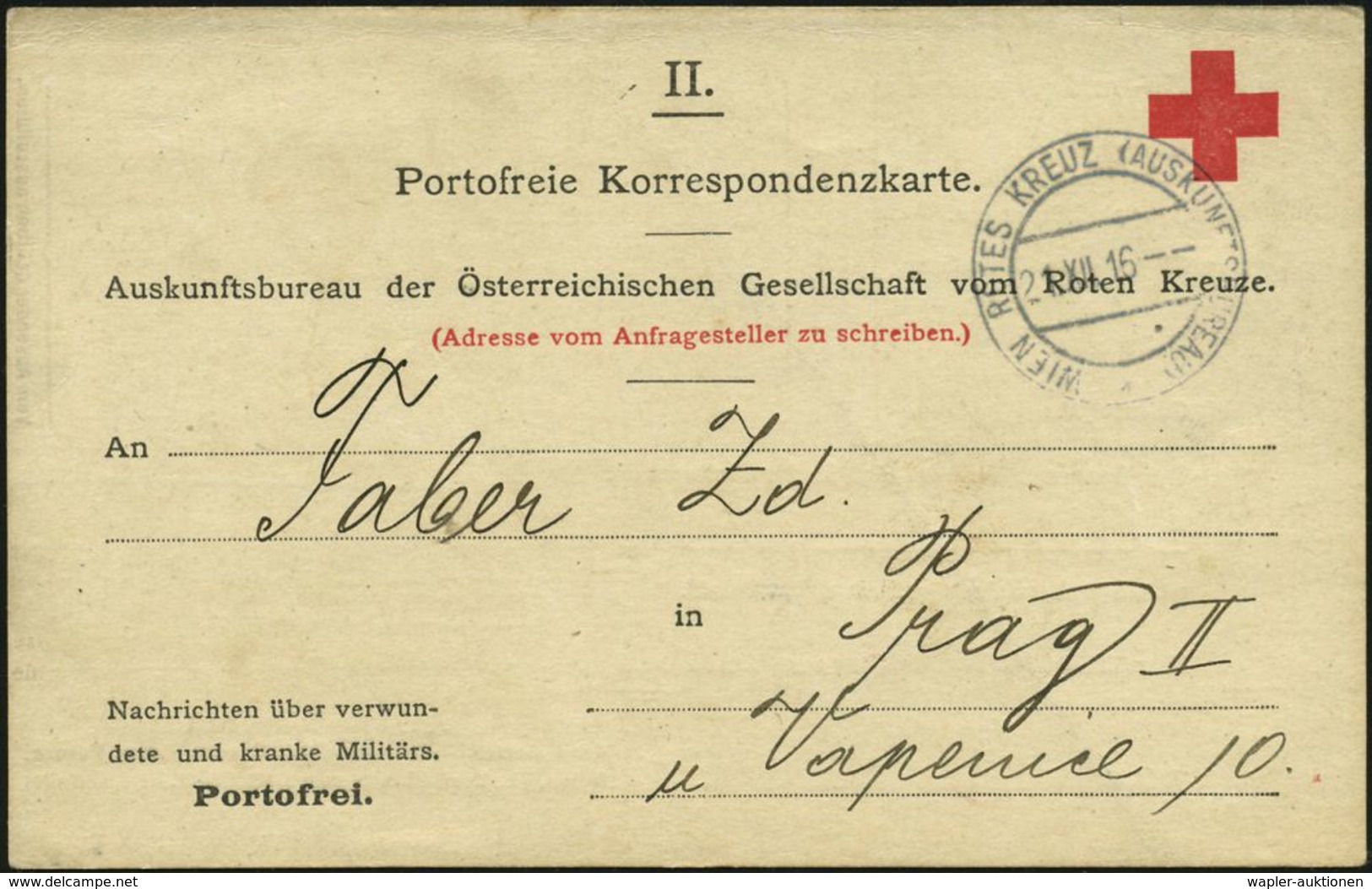 KGF-POST I.WELTKRIEG (1914-18) : ÖSTERREICH 1916 (21.12.) 2K-Steg: WIEN ROTES KREUZ (AUSKUNFTSBUREAU)/*, Rs. Roter 3L: I - Croce Rossa