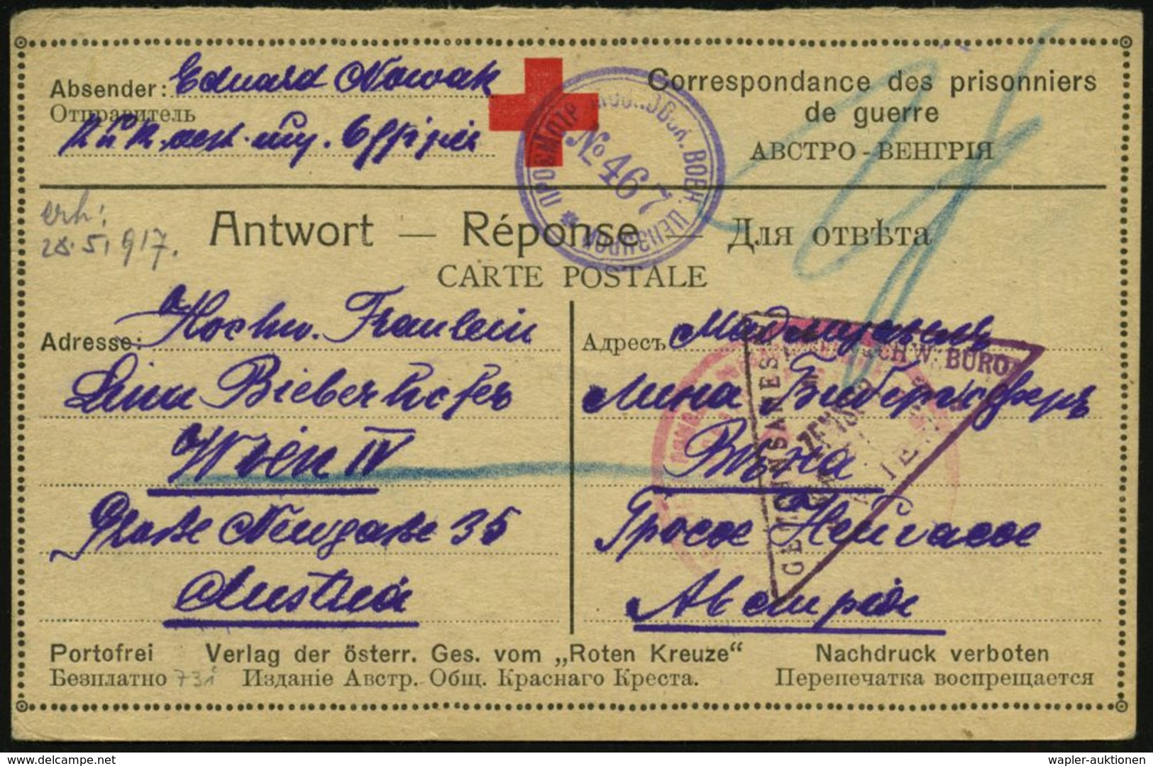 KGF-POST I.WELTKRIEG (1914-18) : RUSSLAND /  ÖSTERREICH 1917 (Feb.) Rotkreuz-Vordr-Kt. (Antwort) Aus Sibirischem Lager B - Rotes Kreuz