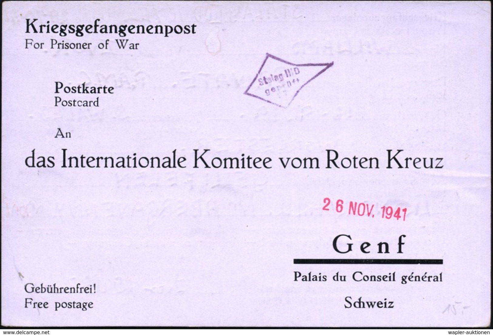 KGF-POST II. WELTKRIEG (1939-45) : Berlin-Lichterfelde 1941 (29.10.) Viol. Rhomboid-HdN: Stalag III D / Geprüft = Bln-Li - Croix-Rouge