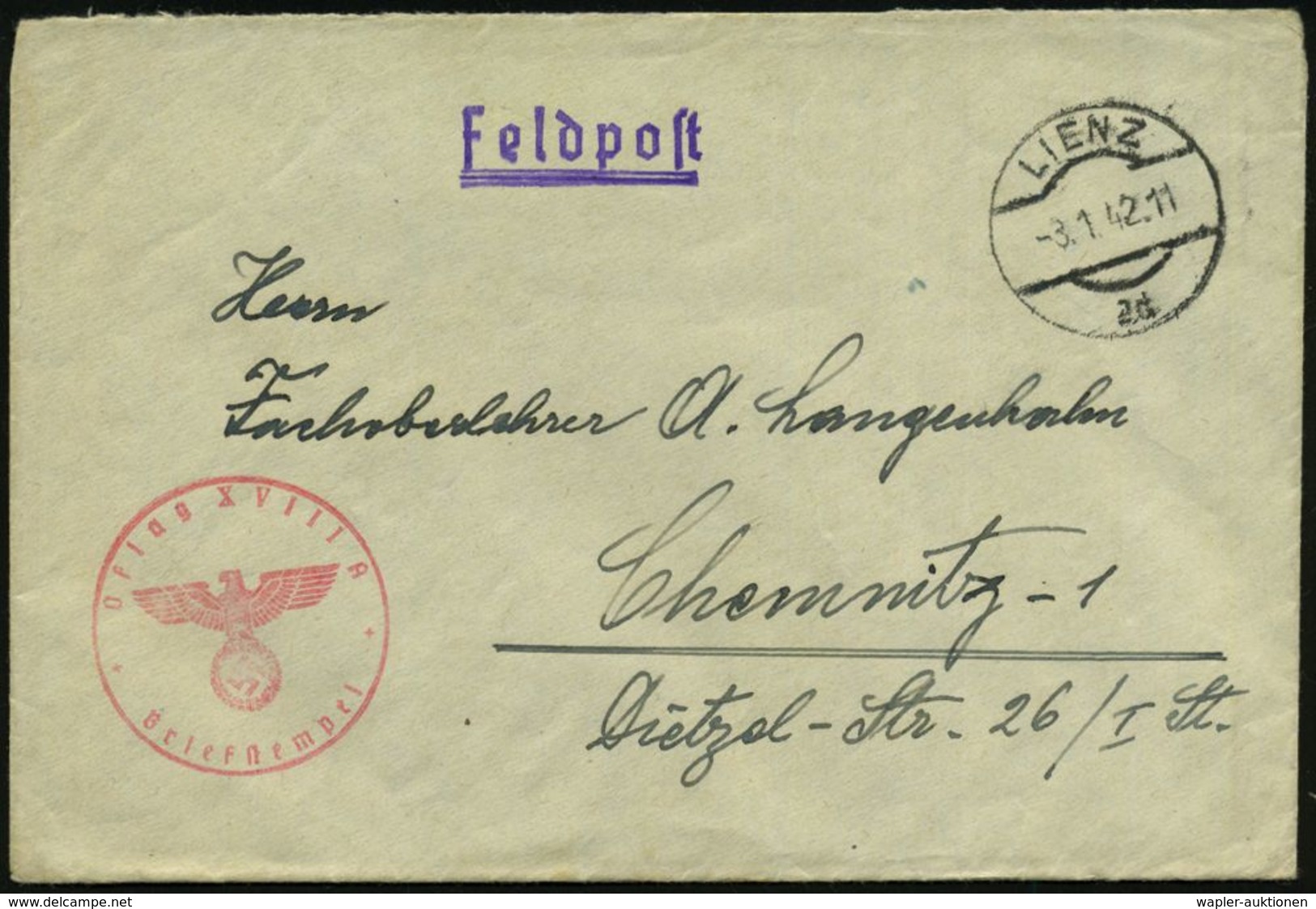 KGF-POST II. WELTKRIEG (1939-45) : LIENZ/ 2d 1942 (3.1.) Ehem. österr., Aptierte 1K-Brücke + Roter 1K-HdN: Oflag XVIII A - Croix-Rouge