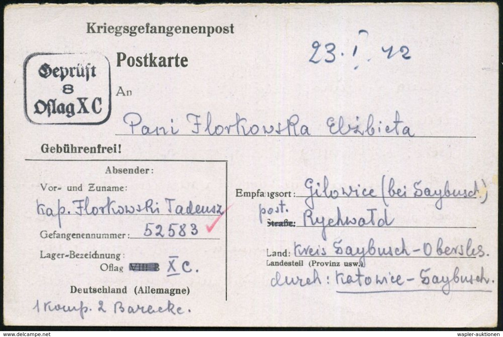 KGF-POST II. WELTKRIEG (1939-45) : Lübeck 1942 (23.1.) Viol. Zensur-Ra.3: Geprüft/8/Oflag XC = Lübeck (Wo.43 B) Aptierte - Croix-Rouge