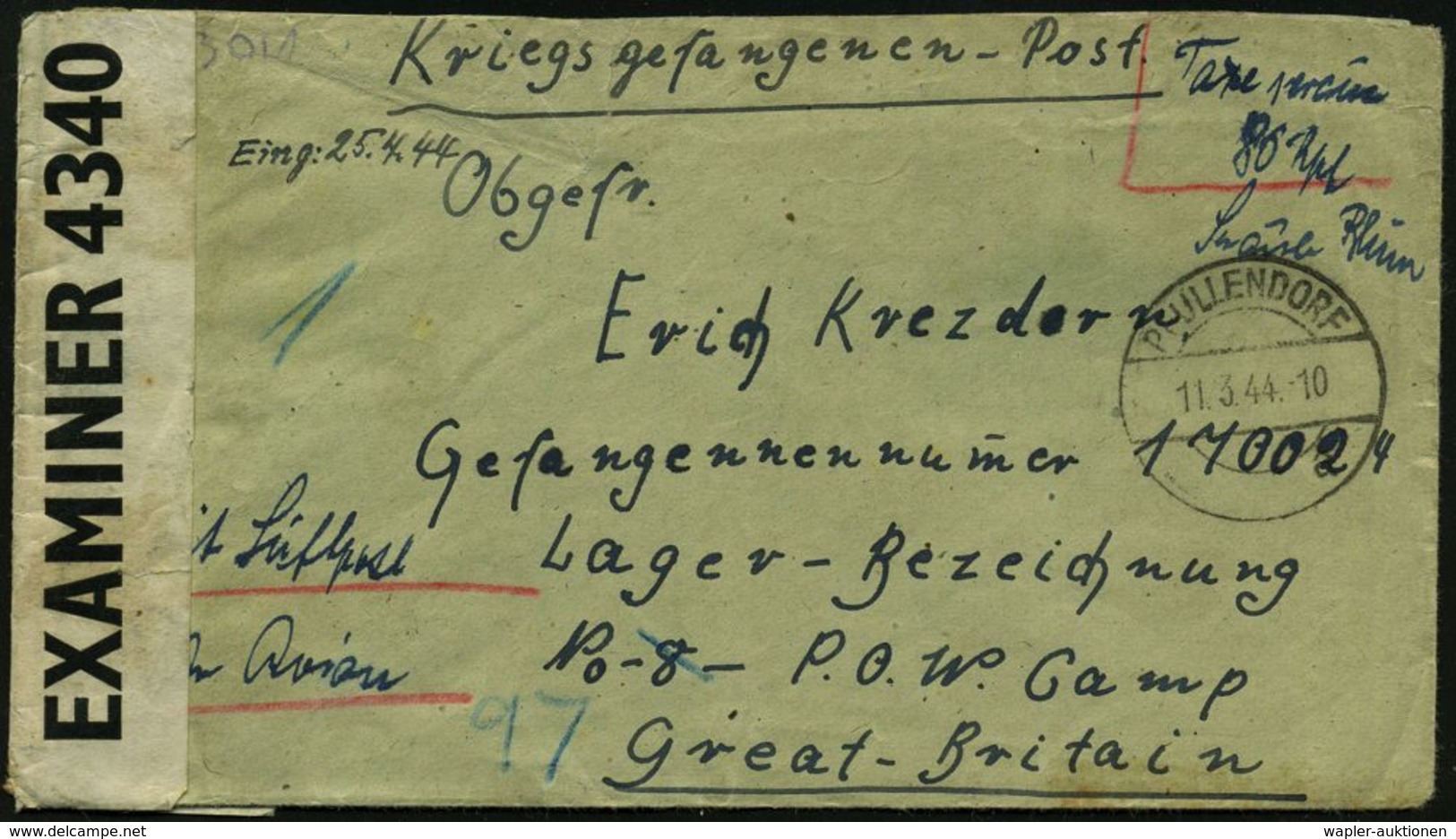 KGF-POST II. WELTKRIEG (1939-45) : PFULLENDORF/ A 1944 (11.3.) 1K-Brücke + Hs. Vermerk "Taxe Epercue 80 RPf." = Nur Luft - Red Cross