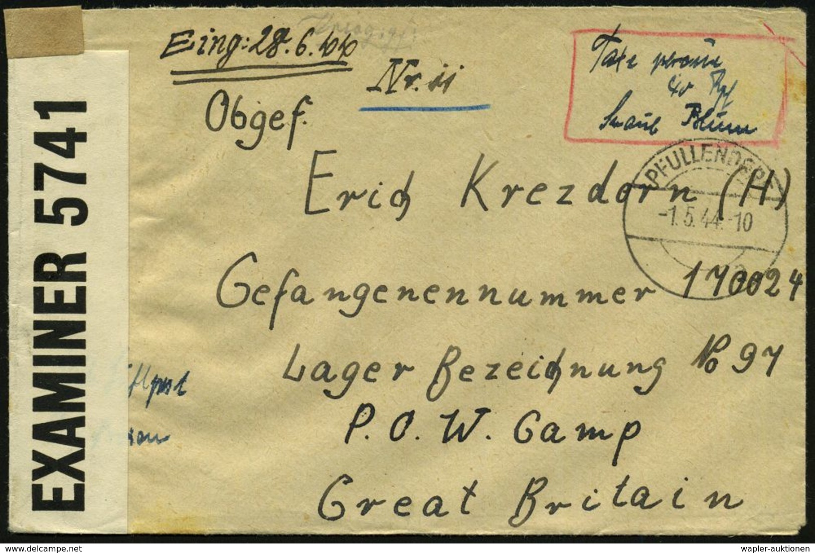 KGF-POST II. WELTKRIEG (1939-45) : PFULLENDORF/ A 1944 (1.5.) 1K-Brücke + Hs. Vermerk "Taxe Percue 40 Pf." = Nur Luftpos - Croix-Rouge