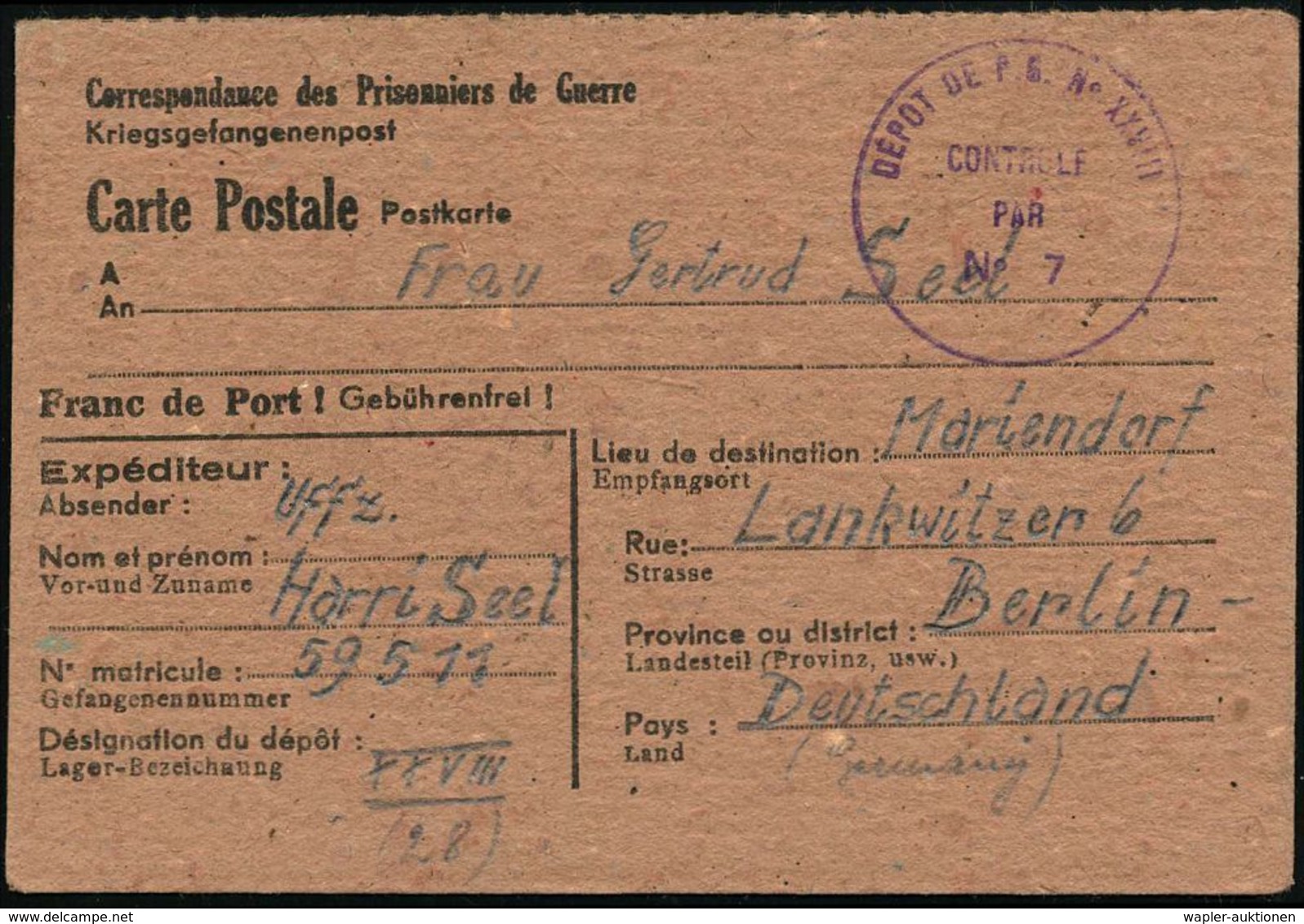 KGF-POST II. WELTKRIEG (1939-45) : ALGERIEN 1944 (15.1.) Viol. Zensur-1K: DEPOT DE P.G. No. XXVIII/CONTROLE/PAR/No.7 (=  - Red Cross