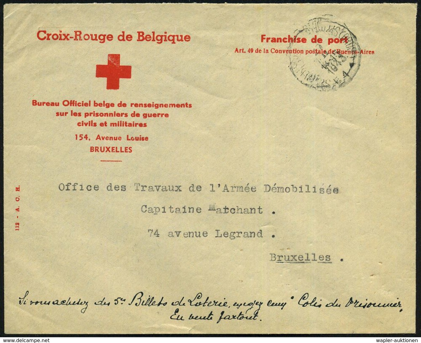 KGF-POST II. WELTKRIEG (1939-45) : BELGIEN 1943 (27.11.) Rotkreuz-Dienst-Bf.: Croix-Rouges De Belgique / Bureau Officiel - Rode Kruis