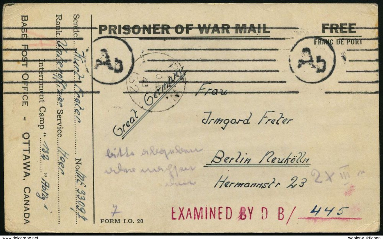 KGF-POST II. WELTKRIEG (1939-45) : CANADA /  DEUTSCHES REICH 1943 (30.7.) 1K: P.O.W./132 + Roter Zensur-1L: EXAMINED BY  - Rotes Kreuz