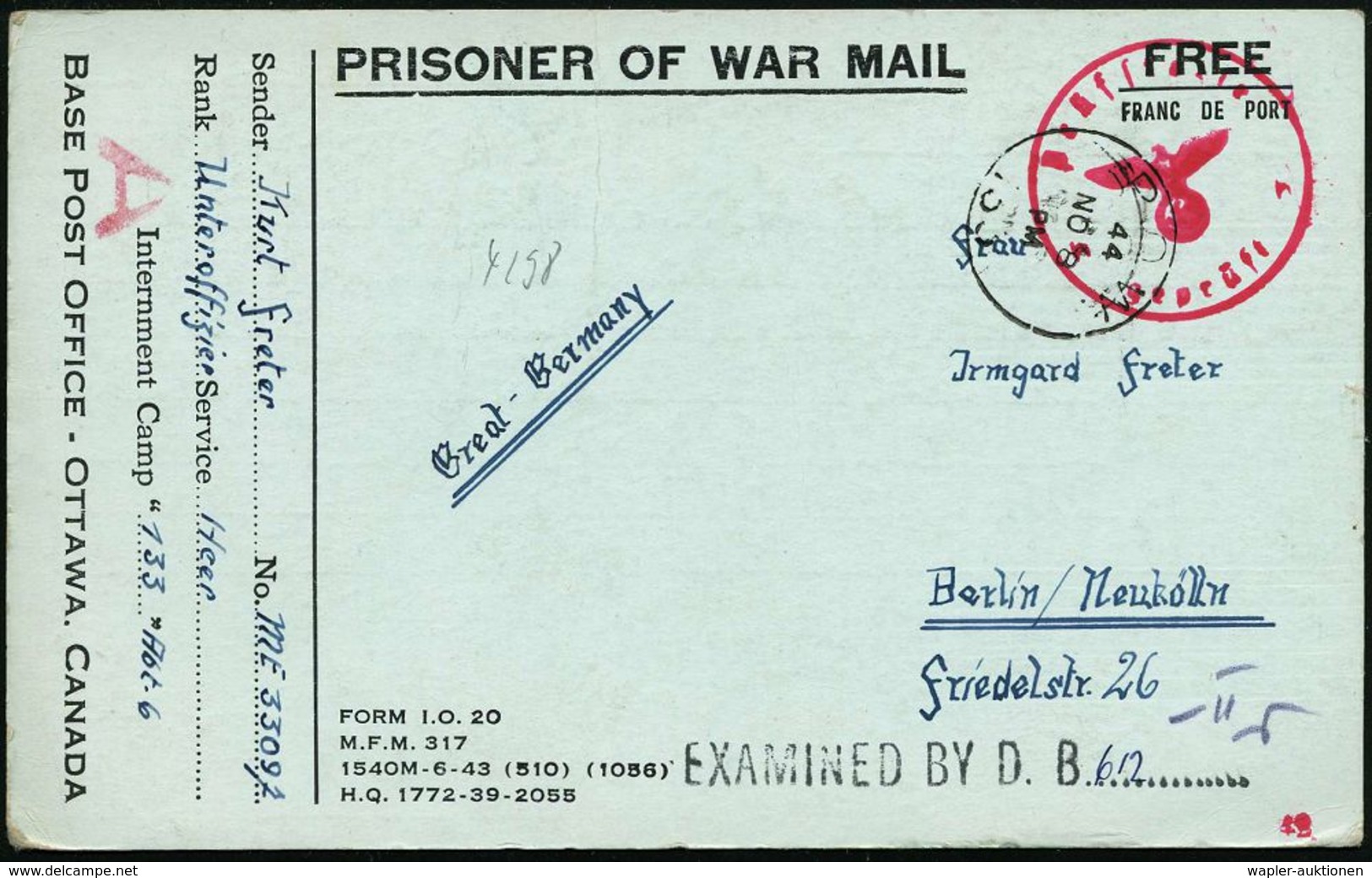 KGF-POST II. WELTKRIEG (1939-45) : CANADA /  DEUTSCHES REICH 1944 (8.11.) 1K: P.O.W./133 + Schw. Zensur-1L: EXAMINED BY  - Croce Rossa