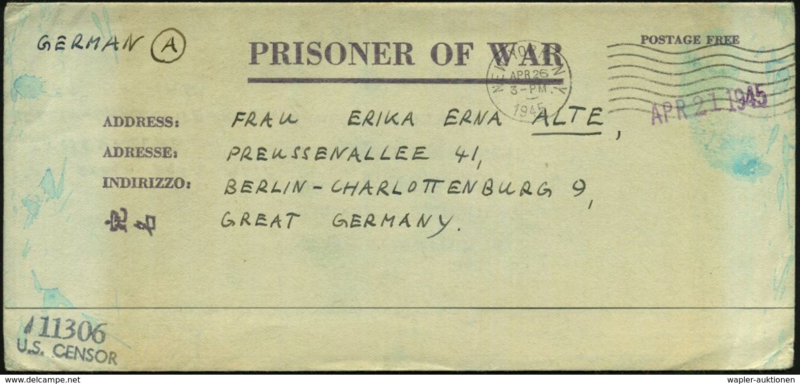 KGF-POST II. WELTKRIEG (1939-45) : U.S.A. /  DEUTSCHES REICH 1945 (11.4.) MaWellenSt.: NEW YORK, N.Y. + Zensur-2L: 11306 - Red Cross