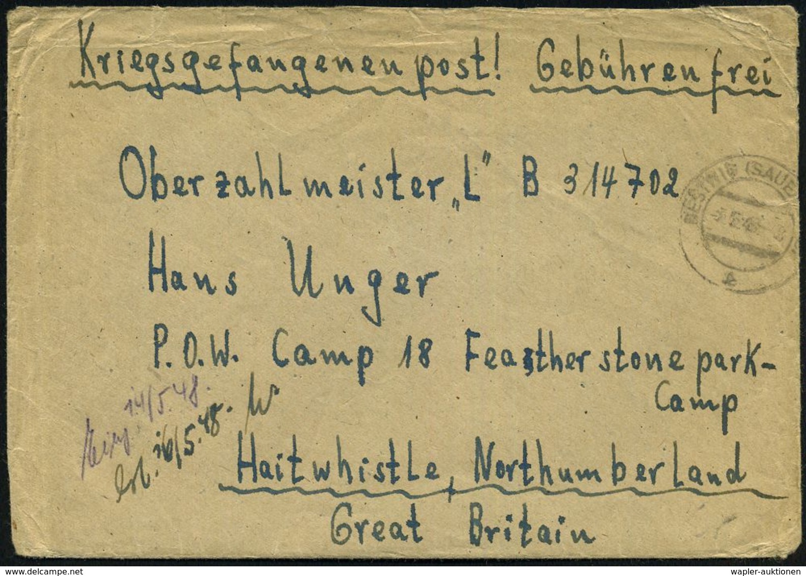 KGF-POST NACH DEM II. WELTKRIEG : BESTWIG (SAUERLAND)/ A 1947 (3.5.) 2K-Steg (rechts Nicht Ganz Voll) Auf Kgf.-Bf. (rech - Croce Rossa