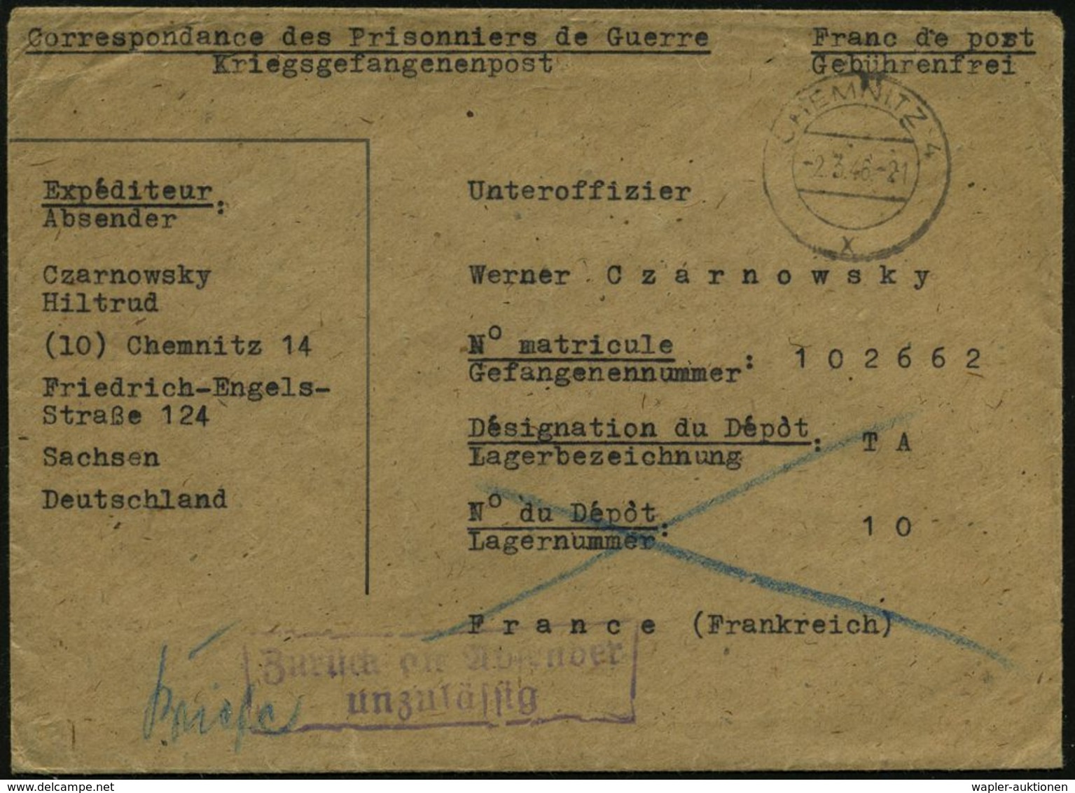 KGF-POST NACH DEM II. WELTKRIEG : CHEMNITZ 4/ X 1946 (2.3.) 2K-Steg +  Viol. Zensur-Ra.2: Zurück An Absender / Unzulässi - Rotes Kreuz