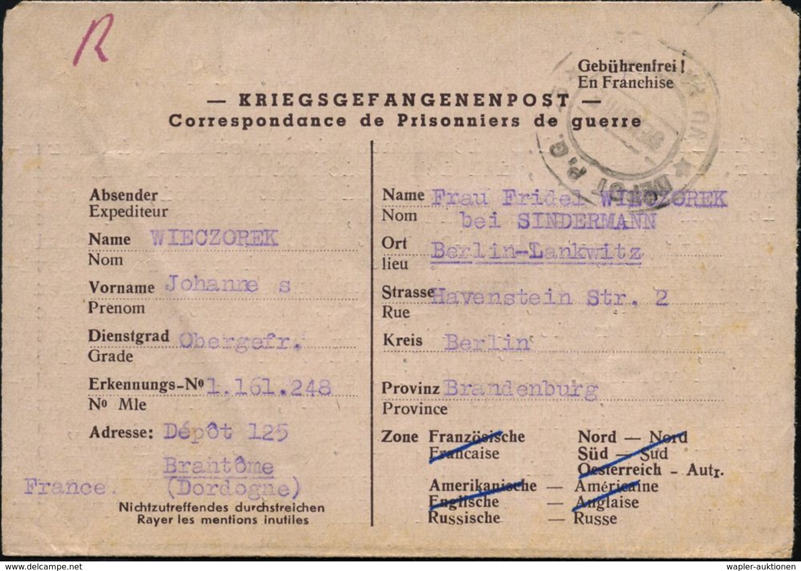 KGF-POST NACH DEM II. WELTKRIEG : FRANKREICH 1946 (24.5.) Zweisprachiger, Französ. Kgf.-Faltbf. , Zensur-2K: DEPOT P.G.  - Red Cross