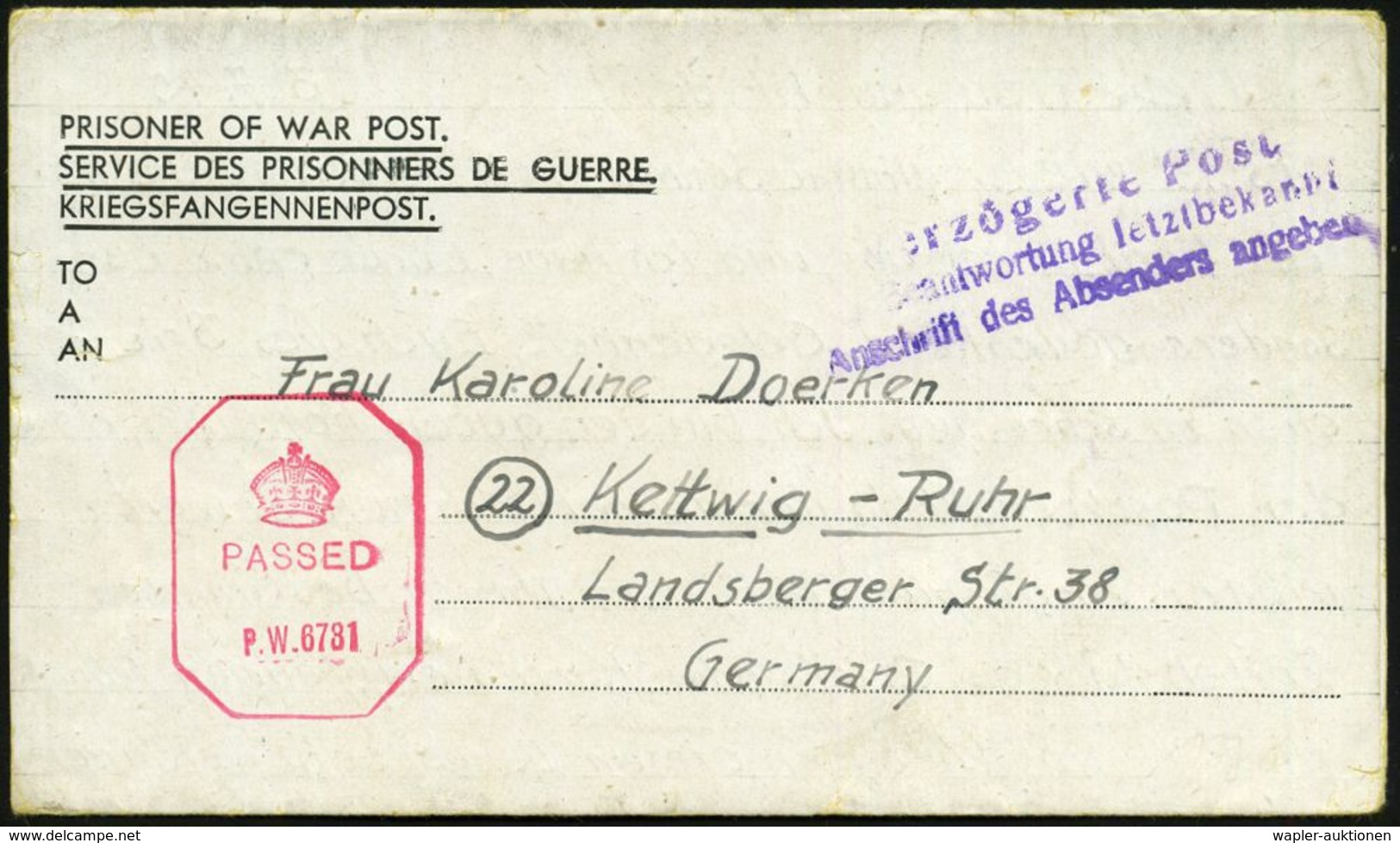 KGF-POST NACH DEM II. WELTKRIEG : GROSSBRITANNIEN 1945 (3.7.) Kgf.-Faltbf. (dreisprachig) ,viol. 3L: Verzögerte Post/Bea - Croce Rossa