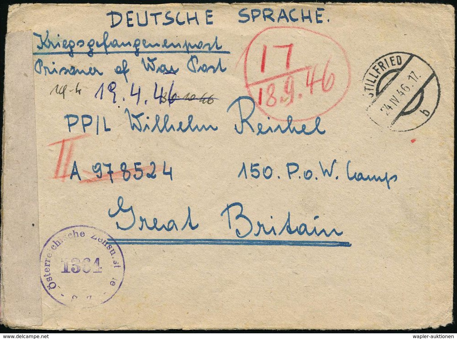 KGF-POST NACH DEM II. WELTKRIEG : ÖSTERREICH 1946 (24.4.) 1K-Brücke: STILLFRIED/b + Sowjet. Zensur-1K: Österreichische Z - Red Cross