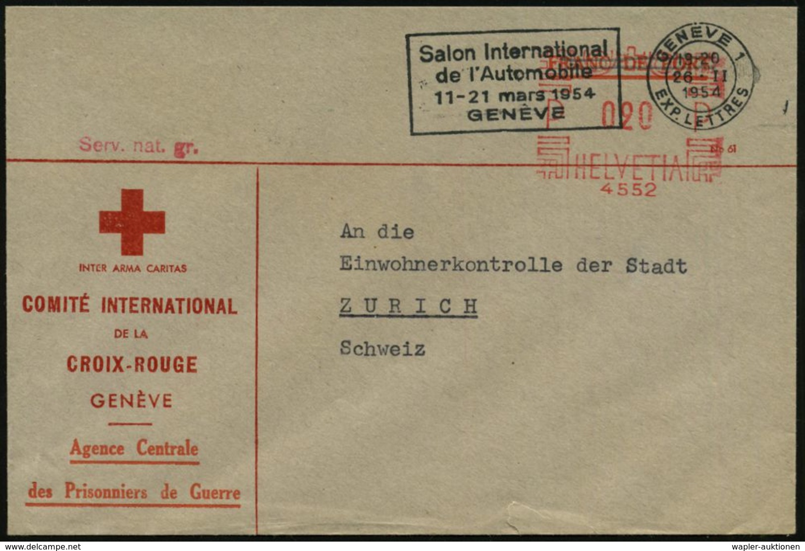 KGF-POST NACH DEM II. WELTKRIEG : SCHWEIZ 1954 (26.2.) AFS Ohne Ort: 4552 = Comité Int. De La Croix-Rouge 020 C. + MWSt: - Red Cross