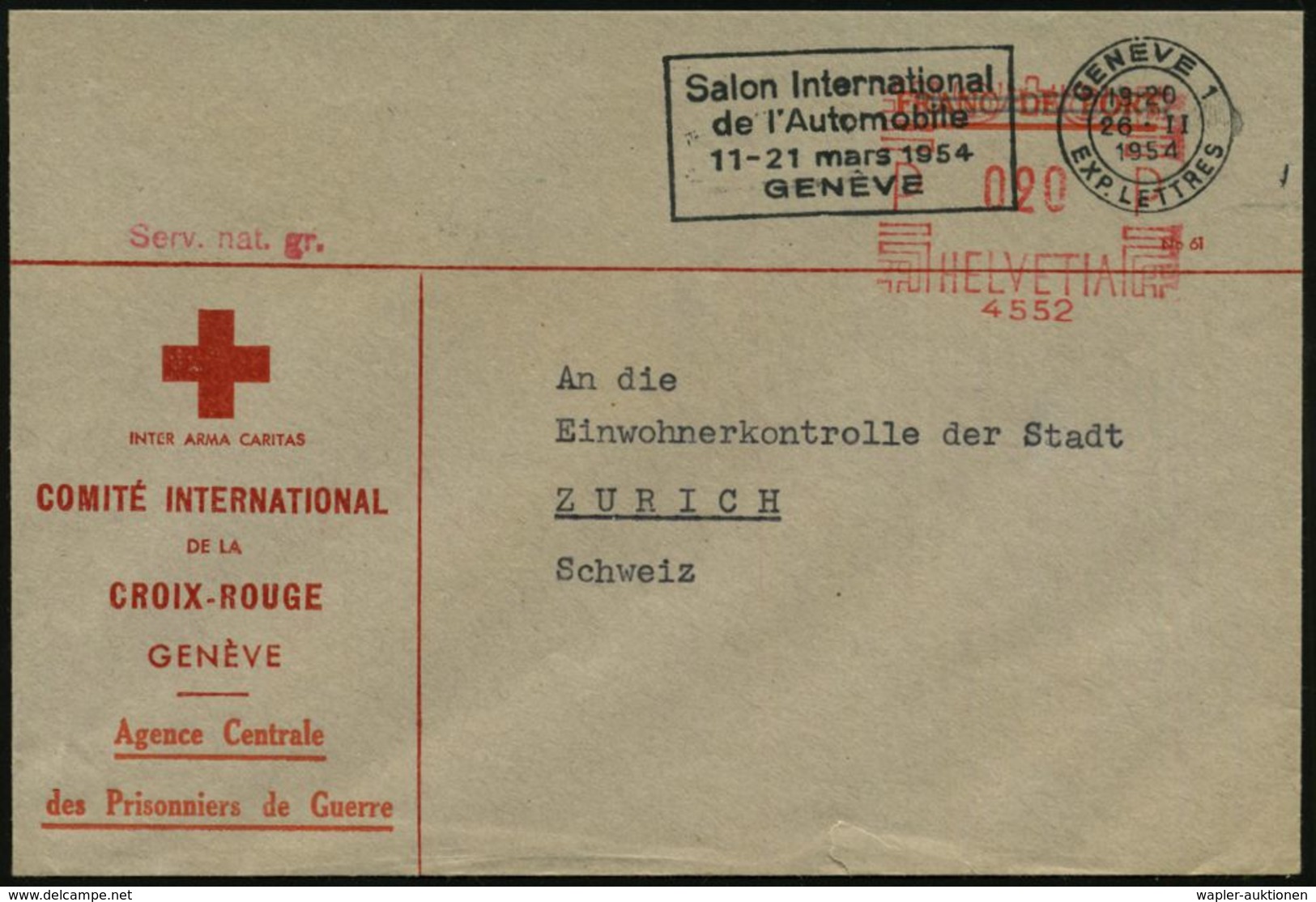 KGF-POST NACH DEM II. WELTKRIEG : SCHWEIZ 1954 (26.2.) AFS Ohne Ort: 4552 = Comité Int. De La Croix-Rouge 020 C. + MWSt: - Croix-Rouge
