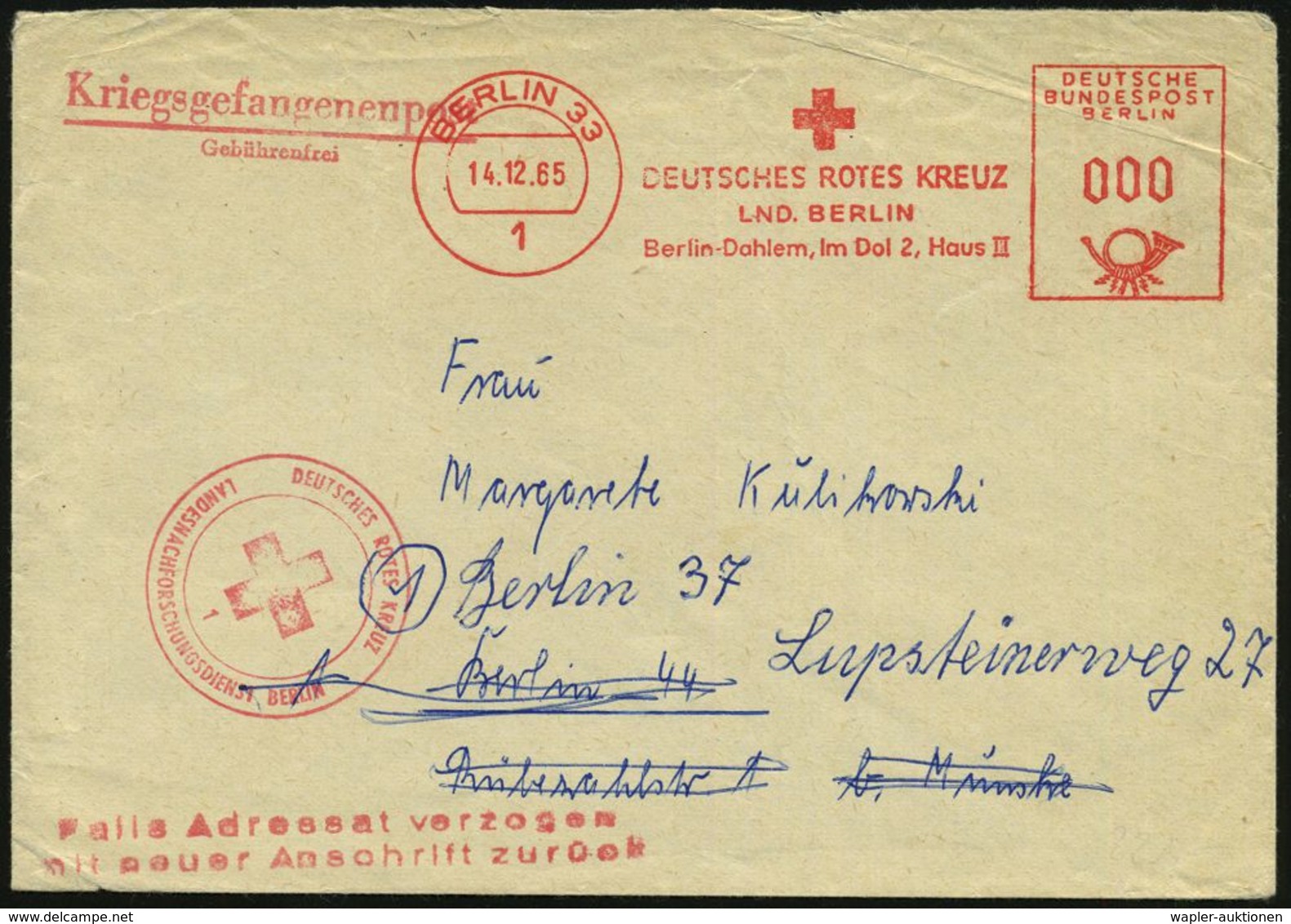 SUCHDIENSTE : 1 BERLIN 33/ DRK/ LND.BERLIN.. 1965 (14.12.) AFS In 000 = Gebührenfrei + Roter 2L: Kriegsgefangenenpost/ G - Croix-Rouge