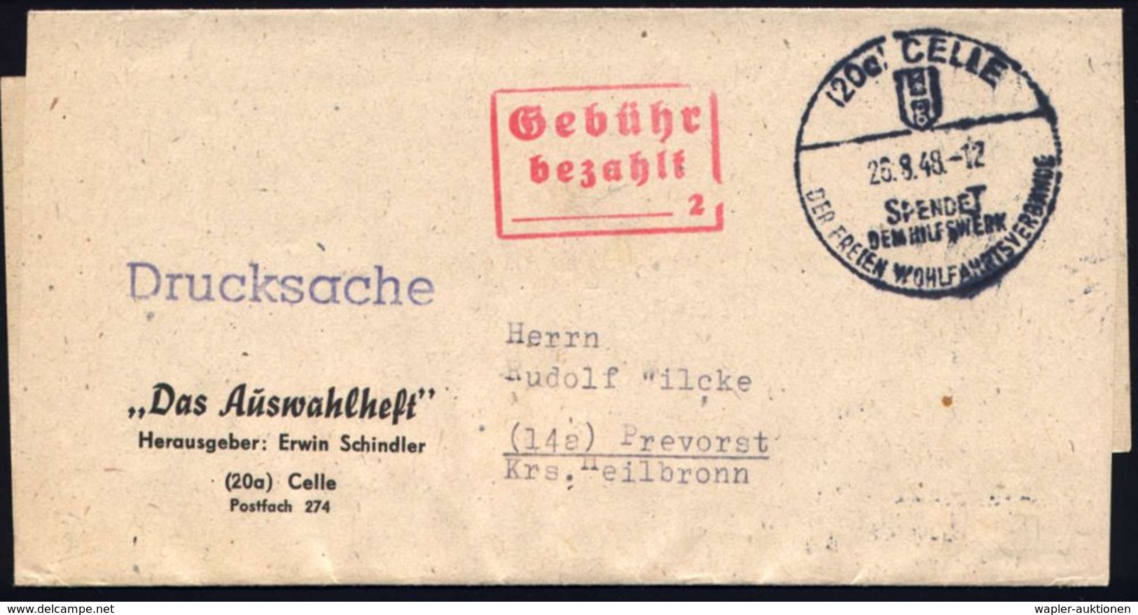 SUCHDIENSTE : (20a) CELLE/ SPENDET/ DEM HILFSWERK/ DER FREIEN WOHLFAHRTSVERBÄNDE 1948 (26.8.) HWSt (Symbole Der Suchdien - Croix-Rouge