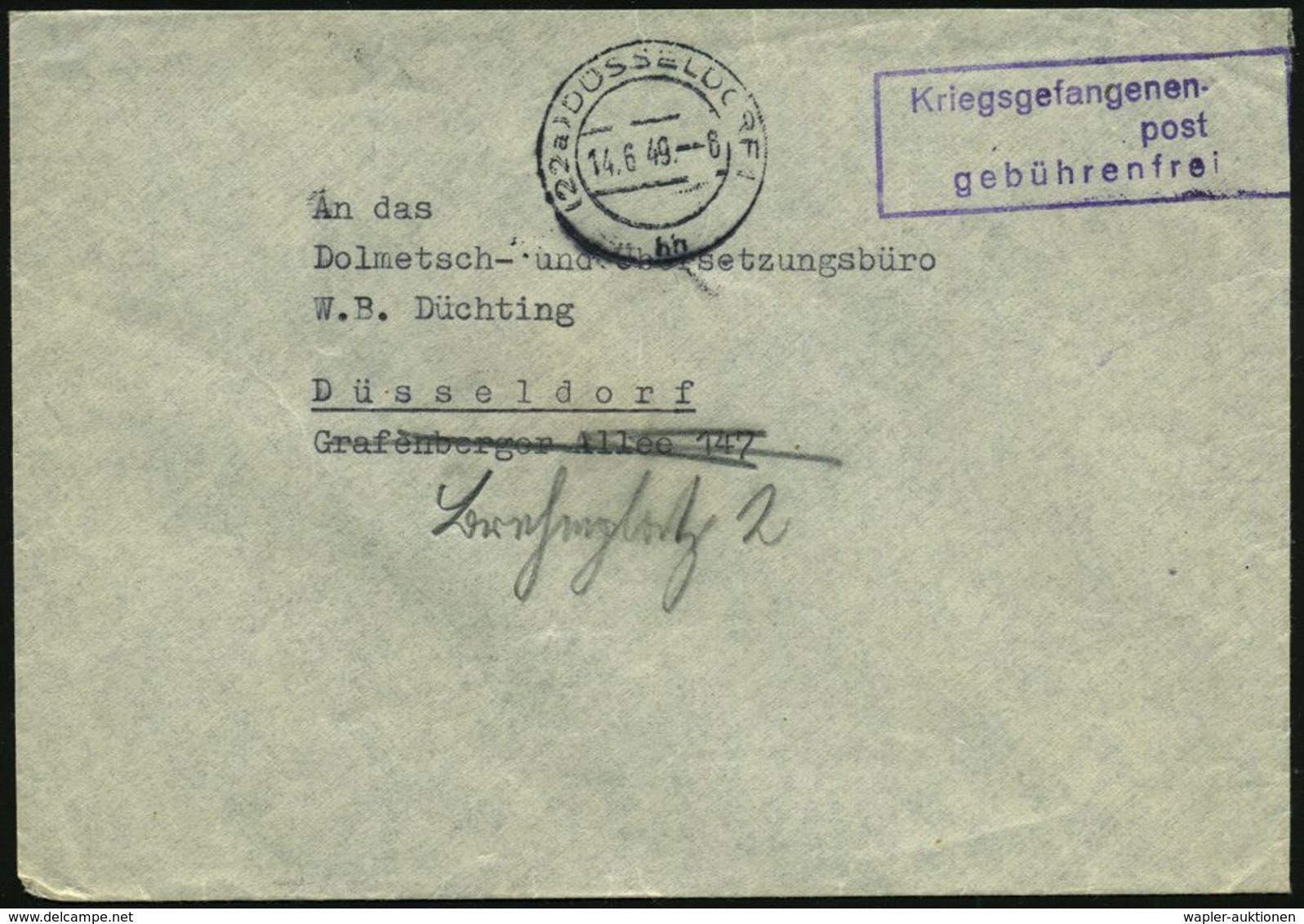 SUCHDIENSTE : (22a) DÜSSELDORF 1/ Hh 1949 (14.6.) 2K + Viol. Ra3: Kriegsgefangenen-/post/gebührenfrei! , Rs. Abs.-Vordr. - Rotes Kreuz