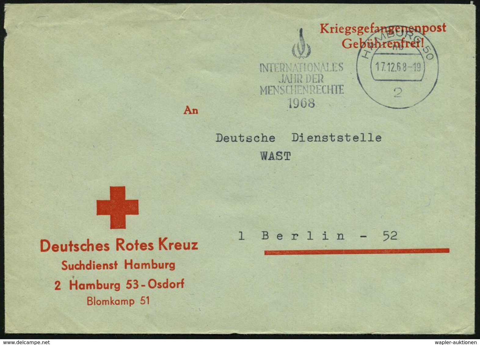SUCHDIENSTE : 2 HAMBURG 50/ Nb/ INTERNAT./ JAHR DER/ MENSCHENRECHTE 1968 (17.12.) MWSt Auf Zweifarbigem R.K.-Dienst-Bf.: - Croix-Rouge