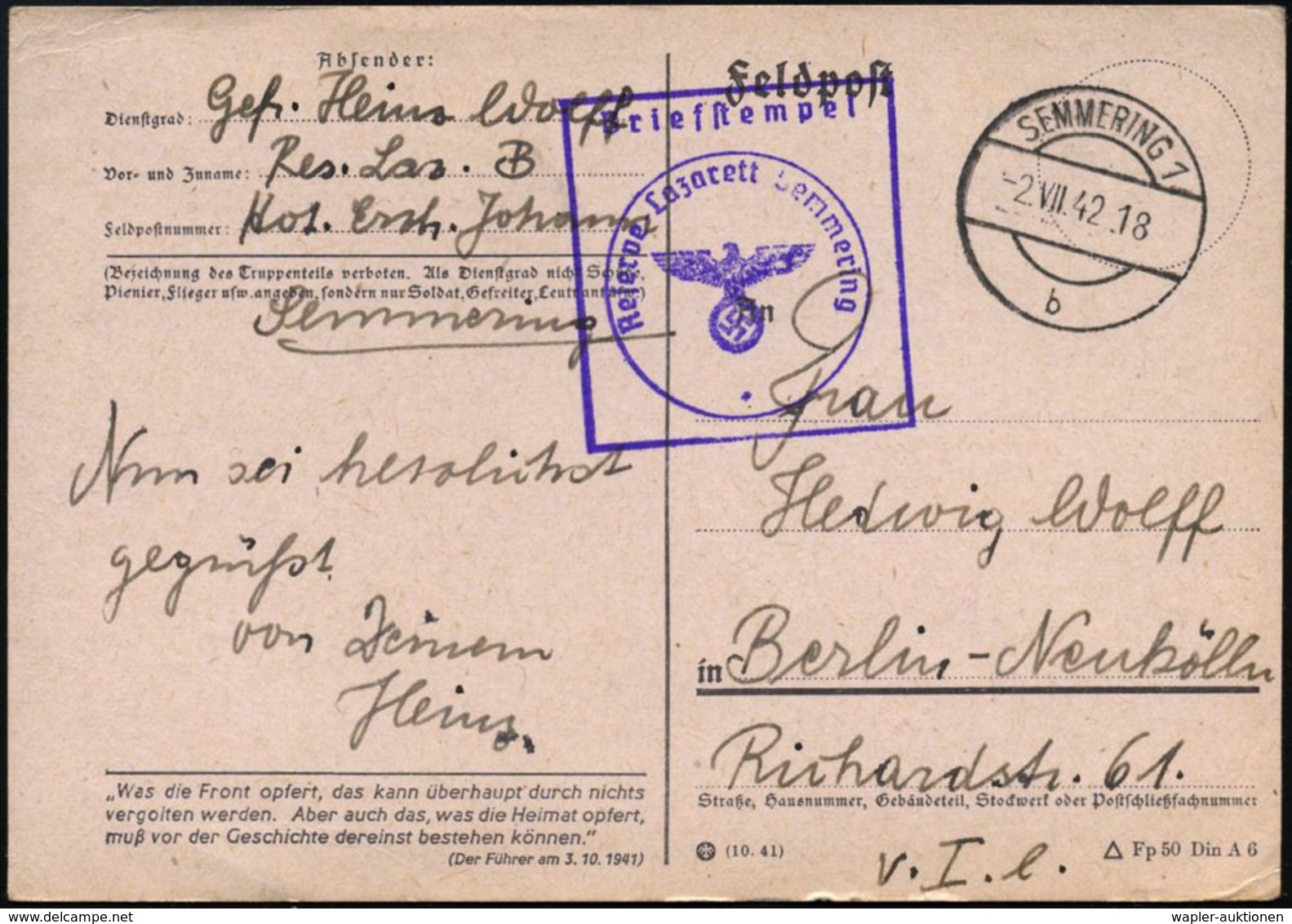 MILITÄR-MEDIZIN / SANITÄTSDIENSTE : SEMMERING 1/ B 1942 (2.7./11.7.) Ehem., österr. 1K-Brücke + Alter, österr. 2K-Steg:  - Medicine