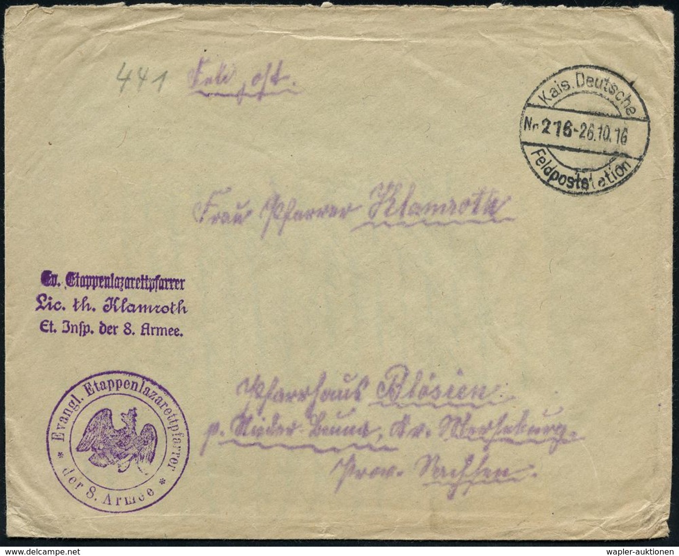 MILITÄR-MEDIZIN / SANITÄTSDIENSTE : DEUTSCHES REICH 1916 (26.10.) 1K-Brücke: Kais. Deutsche/Feldpoststation/Nr.216 + Vio - Medicina