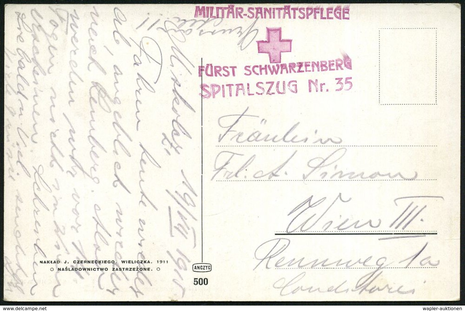 MILITÄR-MEDIZIN / SANITÄTSDIENSTE : ÖSTERREICH 1915 (19.7.) Viol. Rotkreuz-HdN: MILITÄR-SANITÄSPFLEGE/ FÜRST SCHWARZENBE - Medicine