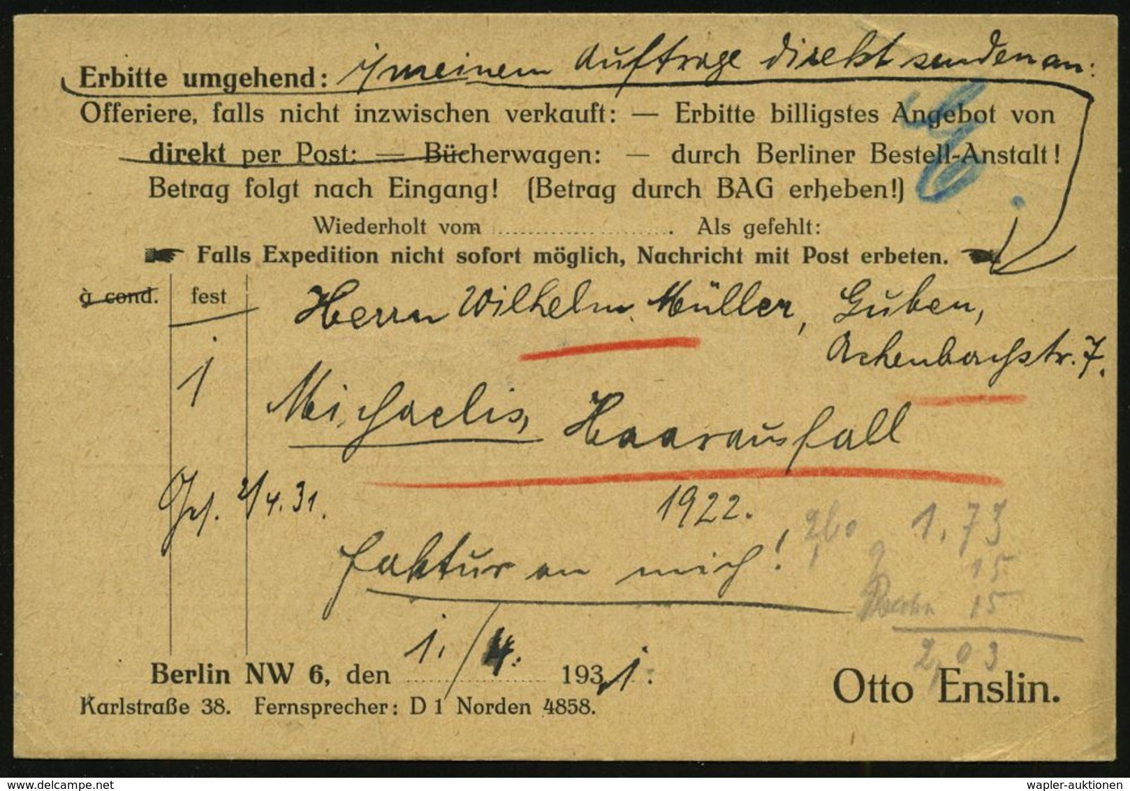 MEDIZIN / GESUNDHEITSWESEN : BERLIN NW/ 6/ "Ensmedico"/ Medizin.Literatur.. 1931 (1.4.) AFS 008 Pf. "Bücherzettel" Als P - Medizin