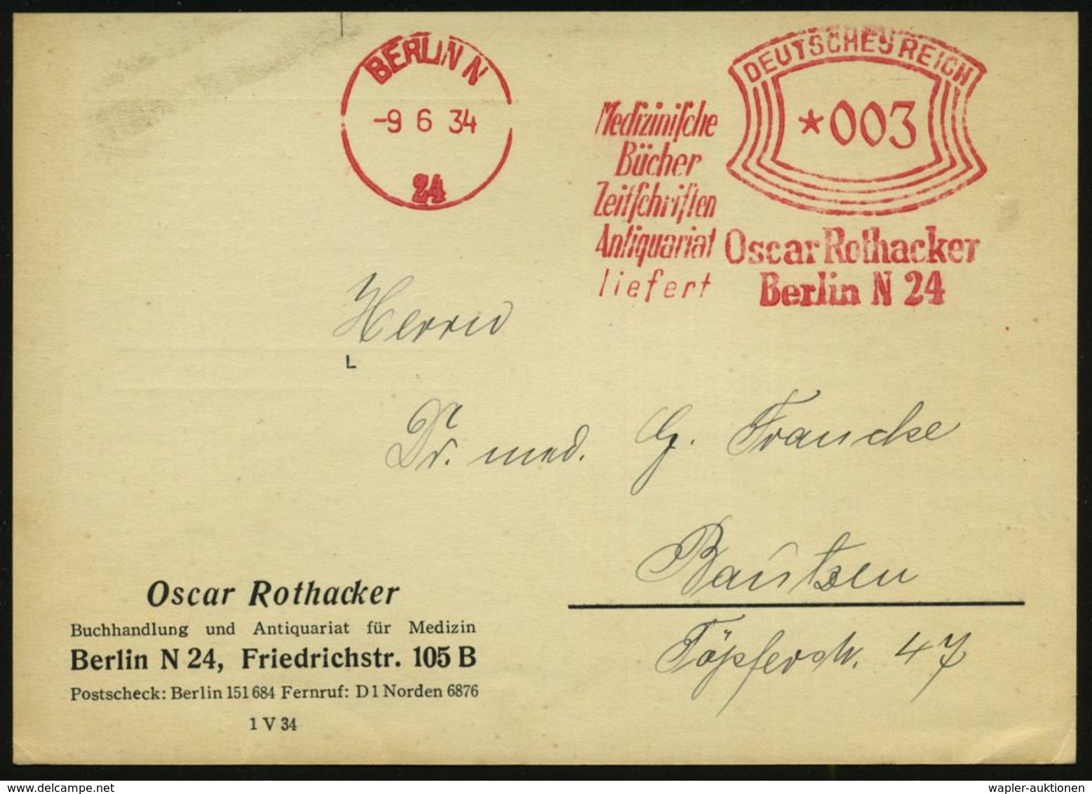 MEDIZIN / GESUNDHEITSWESEN : BERLIN N/ 24/ Medizin./ Bücher/ Zeitschriften/ Antiquariat/ Liefert/ Oscar Rothacker 1934 ( - Medizin