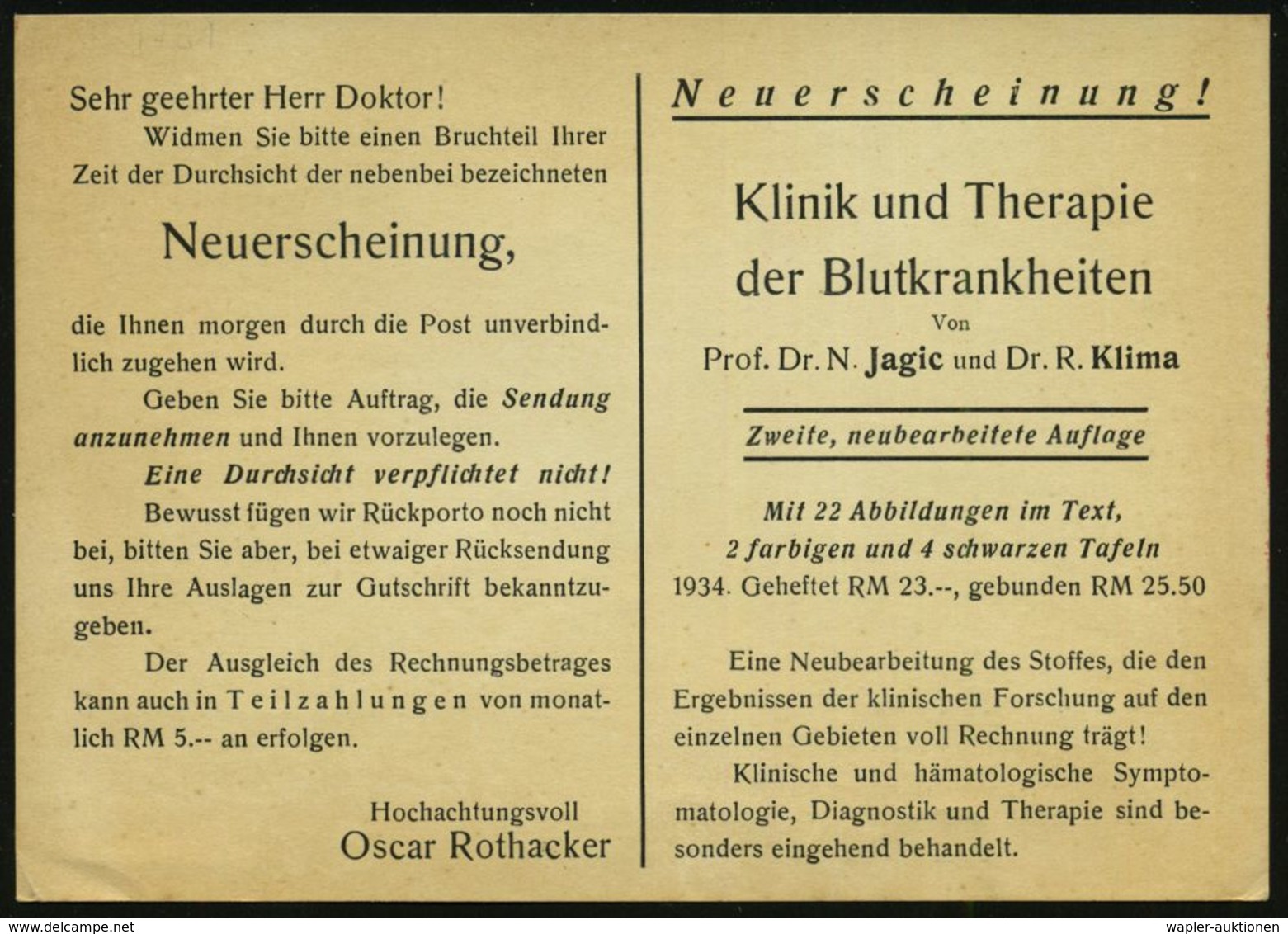 MEDIZIN / GESUNDHEITSWESEN : BERLIN N/ 24/ Medizin./ Bücher/ Zeitschriften/ Antiquariat/ Liefert/ Oscar Rothacker 1934 ( - Medicine