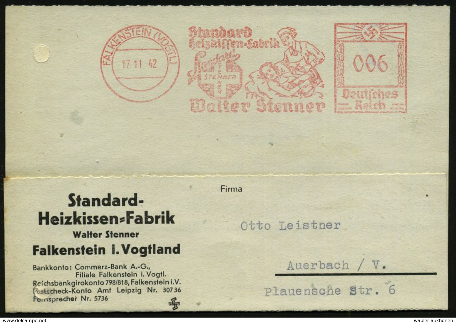 MEDIZIN / GESUNDHEITSWESEN : FALKENSTEIN (VOGTL)/ Standard/ Heizkissen-Fabrik/ ..Walter Stenner 1942 (17.11.) AFS = Kran - Medicina