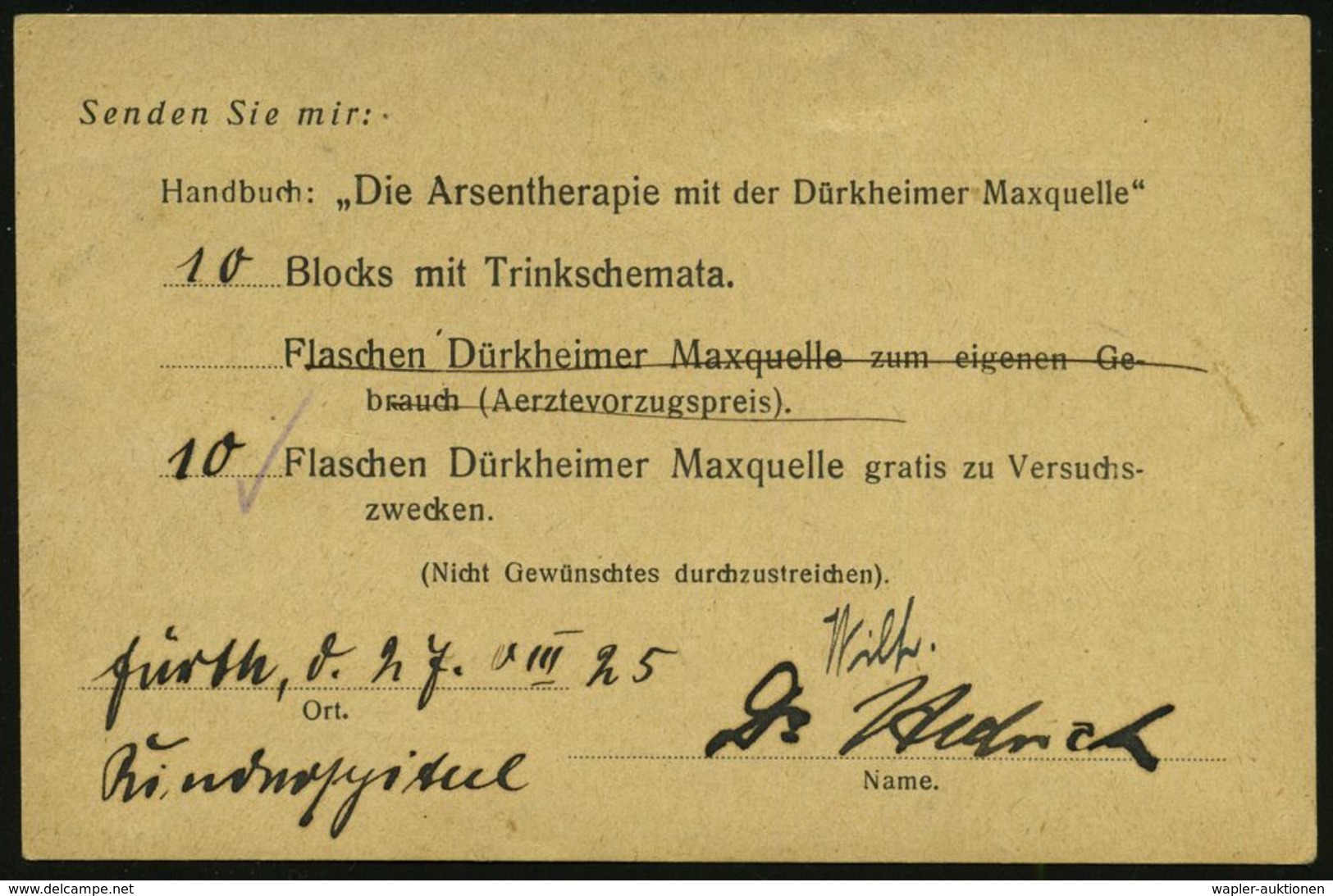 MEDIZIN / GESUNDHEITSWESEN : FÜRTH I.BAY.2/ B* 1925 (28.8.) 1K + Viol. Ra.: Nachgebühr Auf Unfrankierter Bestellkt.: ARS - Médecine