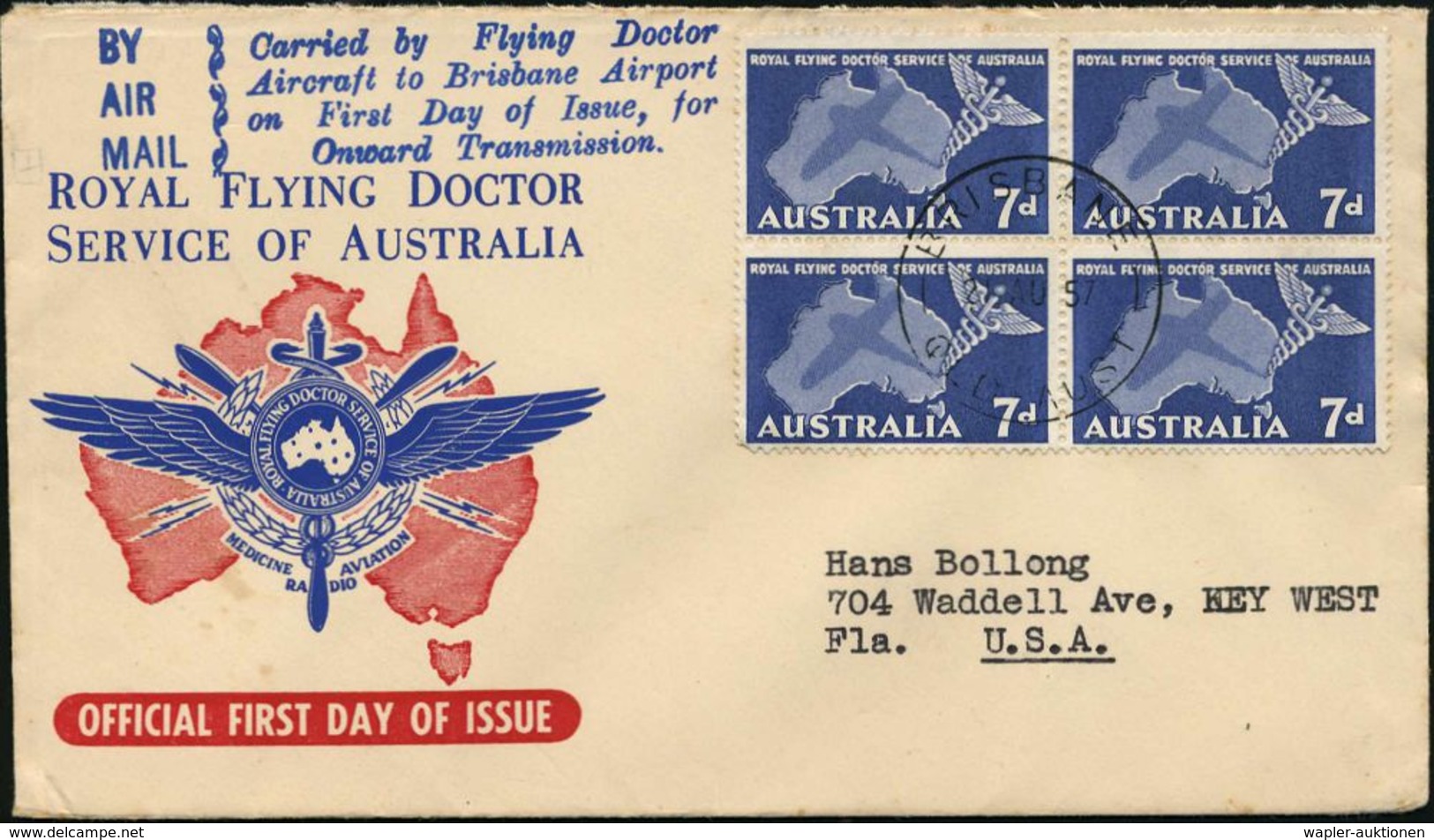 MEDIZIN / GESUNDHEITSWESEN : AUSTRALIEN 1957 (21.8.) 7 P. "Flying Doctors", 4er-Block + Sonderflug-HdN: Carried By Flyin - Médecine