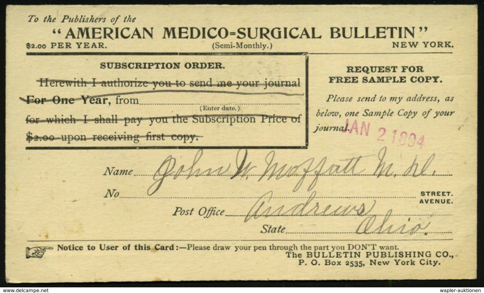 MEDIZIN / GESUNDHEITSWESEN : U.S.A. 1894 (29.12.) PP 1 C. Jefferson, Schw.: Vs./rs. Reklame-Zudruck: AMERICAN MEDICO-SUR - Medizin