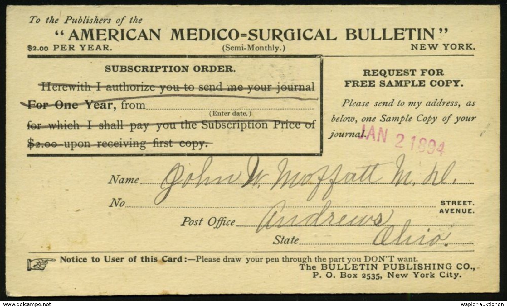 MEDIZIN / GESUNDHEITSWESEN : U.S.A. 1894 (29.12.) PP 1 C. Jefferson, Schw.: Vs./rs. Reklame-Zudruck: AMERICAN MEDICO-SUR - Médecine