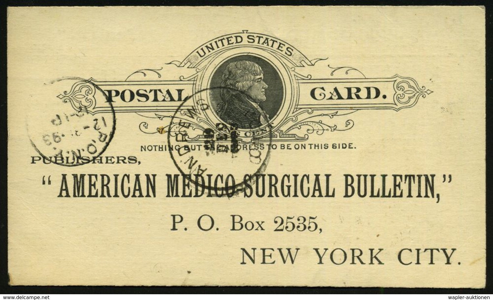 MEDIZIN / GESUNDHEITSWESEN : U.S.A. 1894 (29.12.) PP 1 C. Jefferson, Schw.: Vs./rs. Reklame-Zudruck: AMERICAN MEDICO-SUR - Médecine