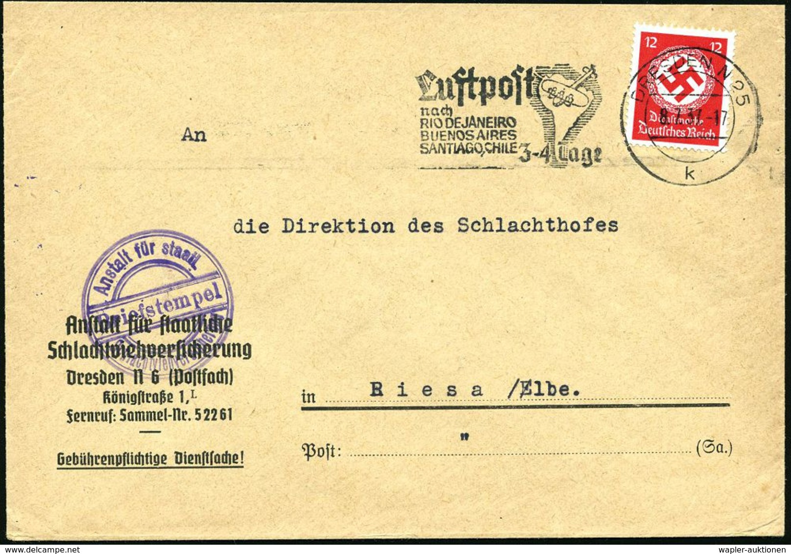 VETERINÄRMEDIZIN / TIERZUCHT : DRESDEN N6 1937 (8.7.) Dienst-Bf.: Anstalt Für Staatl. Schlachtviehversicherung + Entspr. - Médecine