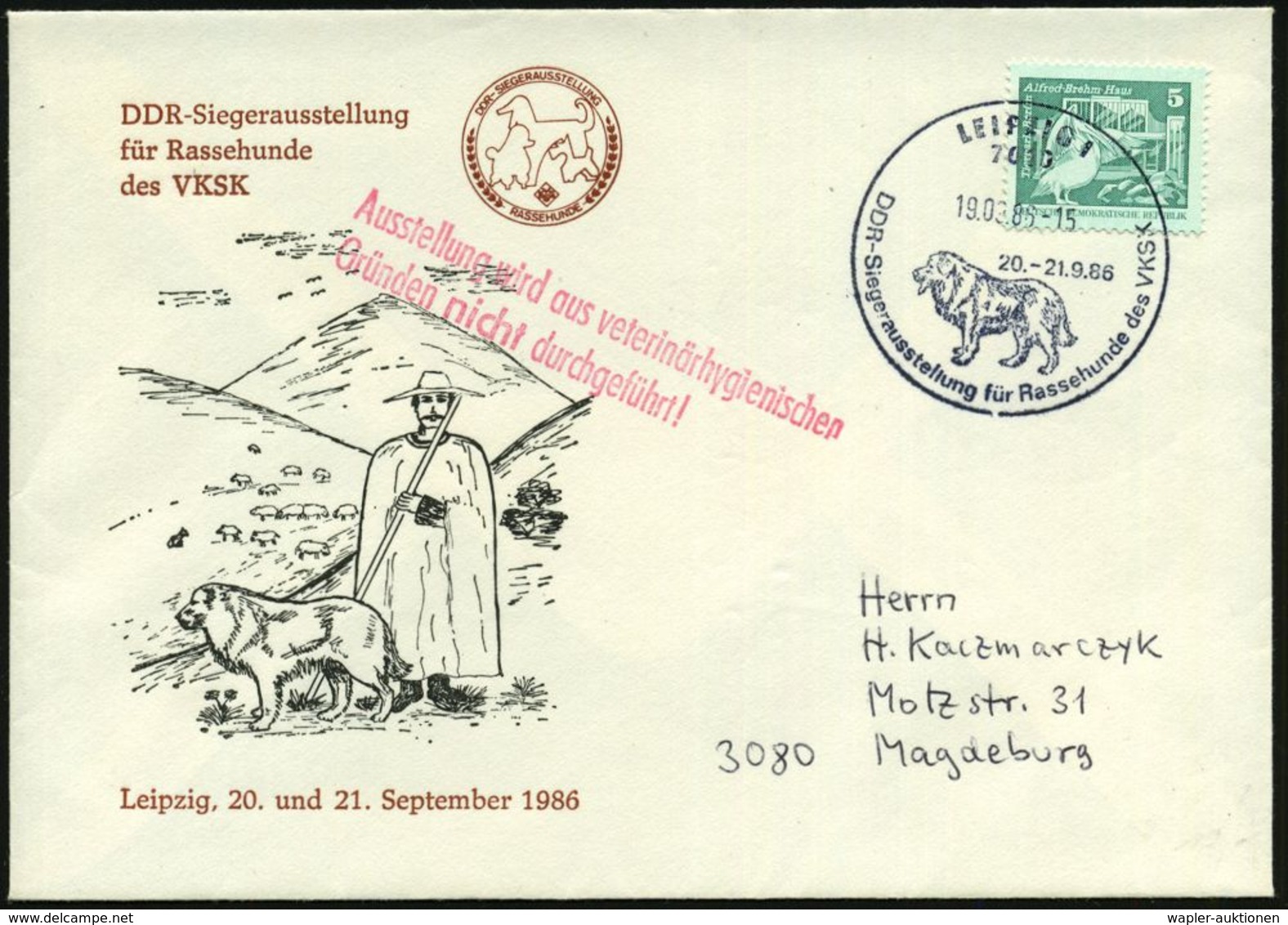 VETERINÄRMEDIZIN / TIERZUCHT : 7010 LEIPZIG C1/ DDR-Siegerausst.für Rassehunde D.VKSK 1986 (19.09.) SSt = Kaukasischer H - Médecine