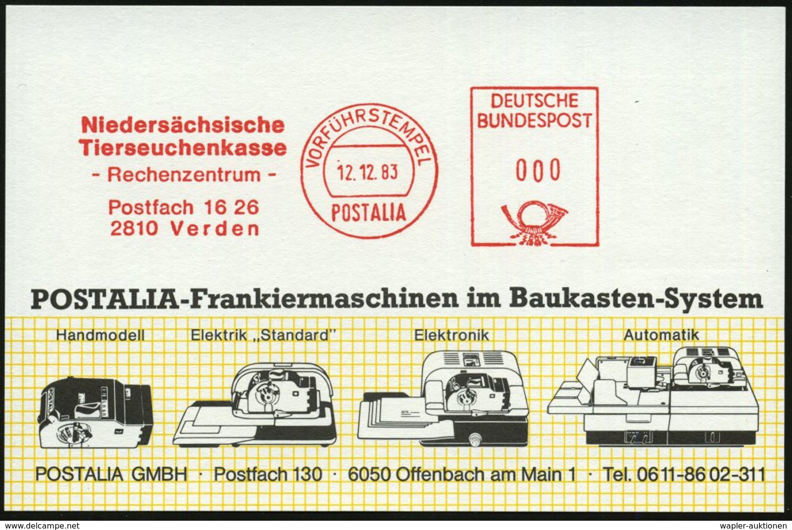 VETERINÄRMEDIZIN / TIERZUCHT : 2810 Verden 1983 (12.12.) AFS: VORFÜHRSTEMPEL/POSTALIA/Niedersächs./Tierseuchenkasse/Rech - Médecine