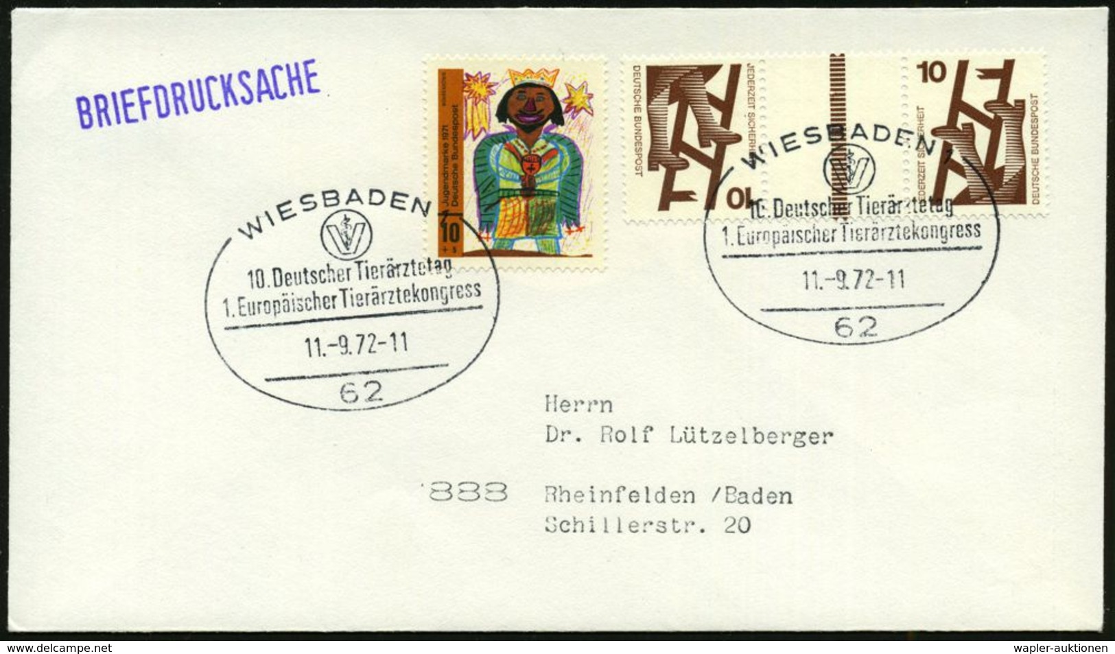 VETERINÄRMEDIZIN / TIERZUCHT : 62 WIESBADEN 1/ 10.Europ.Tierärztetag/ 1.Europ.Tierärztekongress 1972 (11.9.) SSt (Logo)  - Medicine