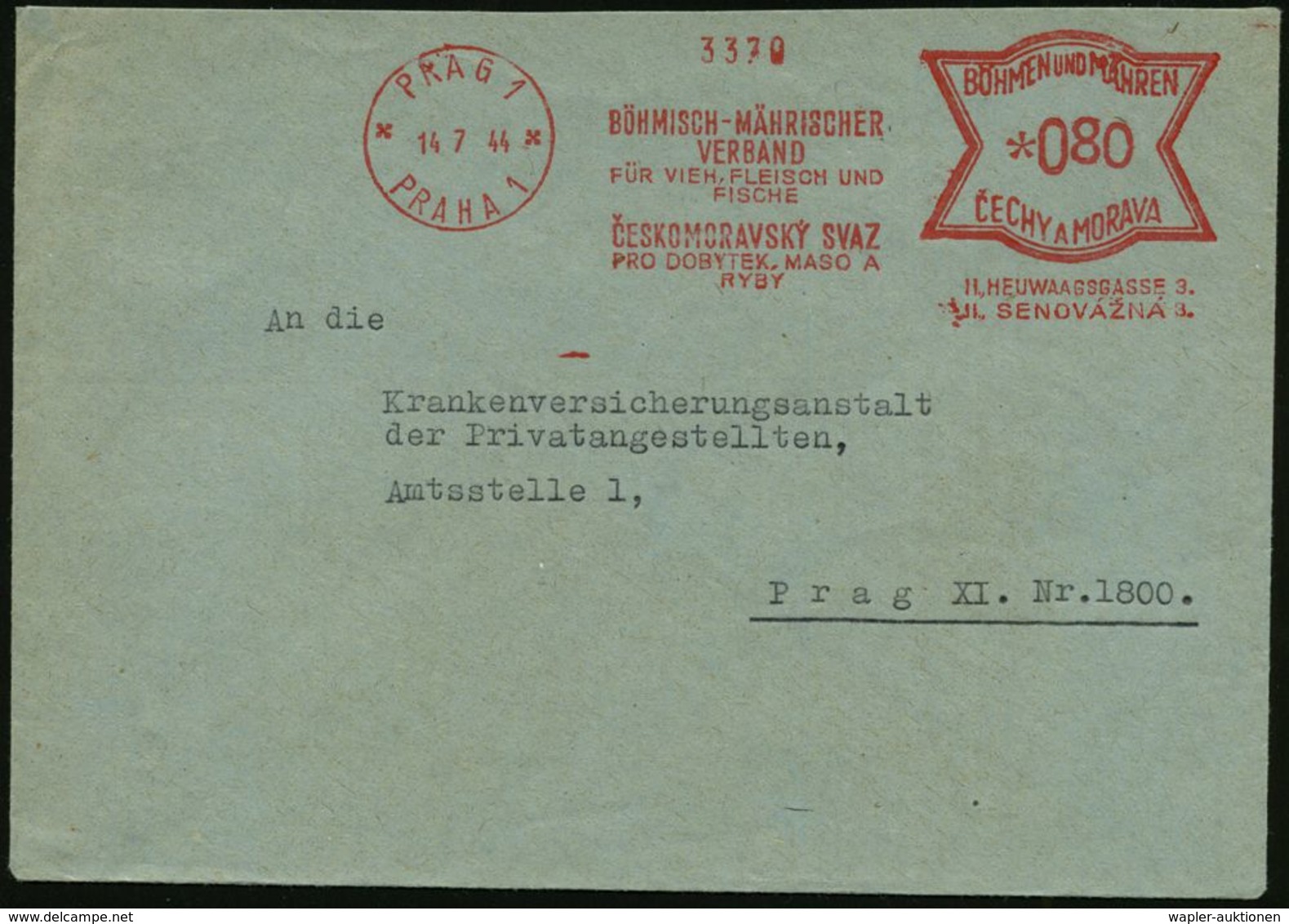 VETERINÄRMEDIZIN / TIERZUCHT : BÖHMEN & MÄHREN 1944 (14.7.) AFS: PRAG 1/PRAHA 1/ BÖHMISCH-MÄHRISCHER/ VERBAND/FÜR VIEH,  - Medizin