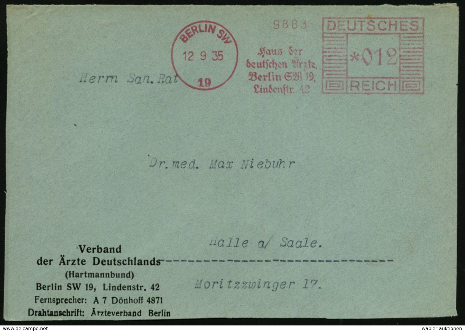 MEDIZINISCHE INSTITUTIONEN & INSTITUTE : BERLIN SW/ 19/ Haus Der/ Deutschen Ärzte.. 1935 (12.9.) AFS Auf Vordr.-Vs.: Ver - Médecine