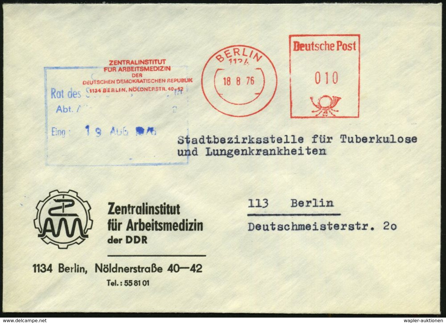 MEDIZINISCHE INSTITUTIONEN & INSTITUTE : 1134 BERLIN/ ZENTRALINSTITUT/ FÜR ARBEITSMEDIZIN/ DER/ DDR 1976 (18.8.) AFS Auf - Medicine