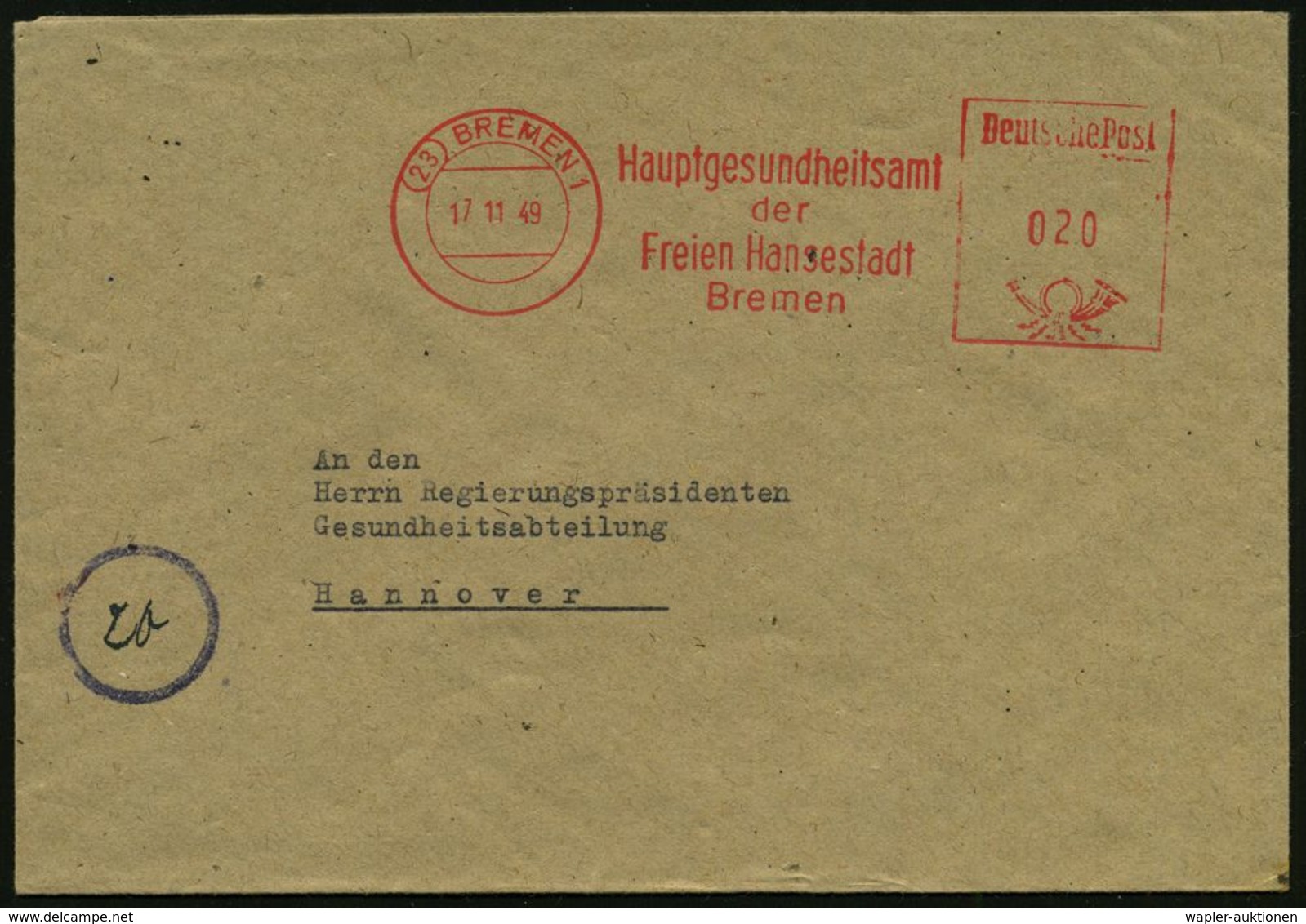 MEDIZINISCHE INSTITUTIONEN & INSTITUTE : (23) BREMEN 1/ Hauptgesundheitsamt/ Der/ Freien Hansestadt 1949 (17.11.) AFS ,  - Medizin