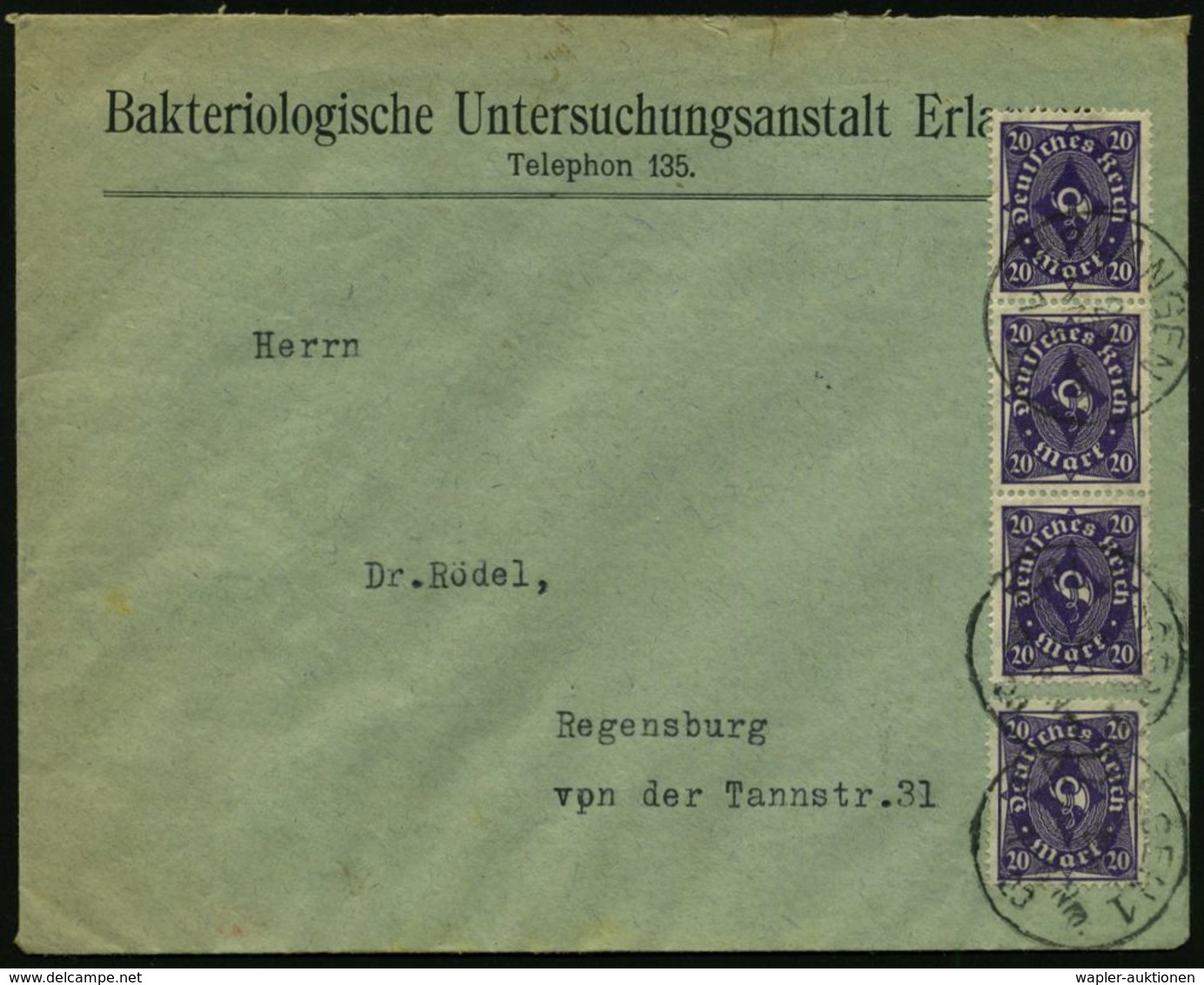 MEDIZINISCHE INSTITUTIONEN & INSTITUTE : ERLANGEN 1 1923 (2.3.) 1K Auf 4x 20 Mk. Posthorn +  Rs. Dienst 20x 1 Mk. (rs.)  - Medicine