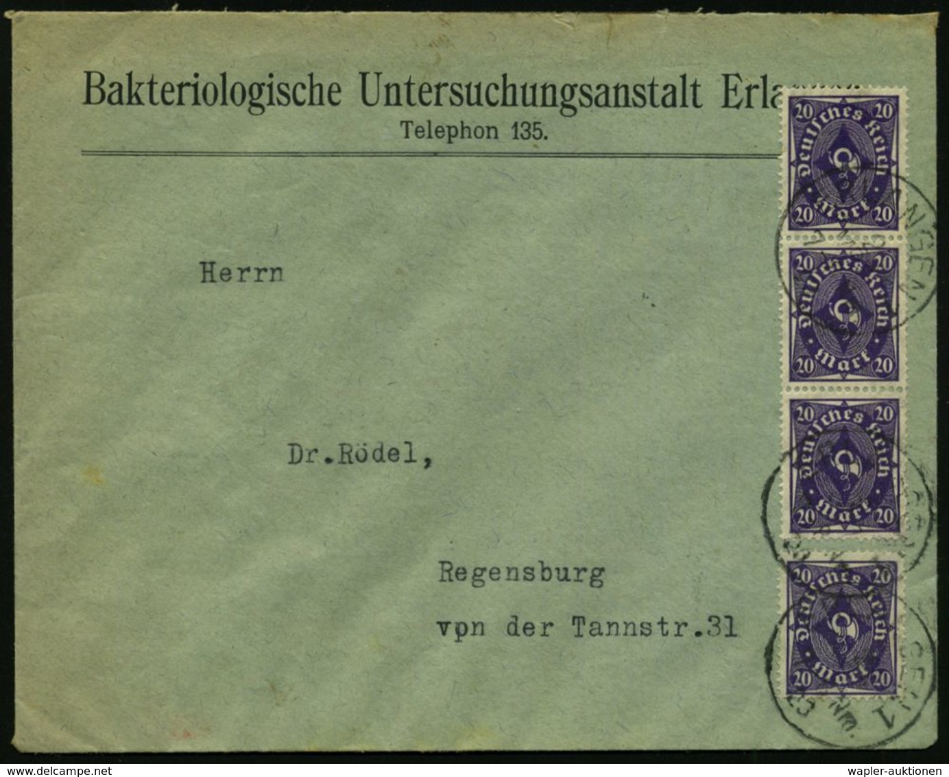 MEDIZINISCHE INSTITUTIONEN & INSTITUTE : ERLANGEN 1 1923 (2.3.) 1K Auf 4x 20 Mk. Posthorn +  Rs. Dienst 20x 1 Mk. (rs.)  - Médecine
