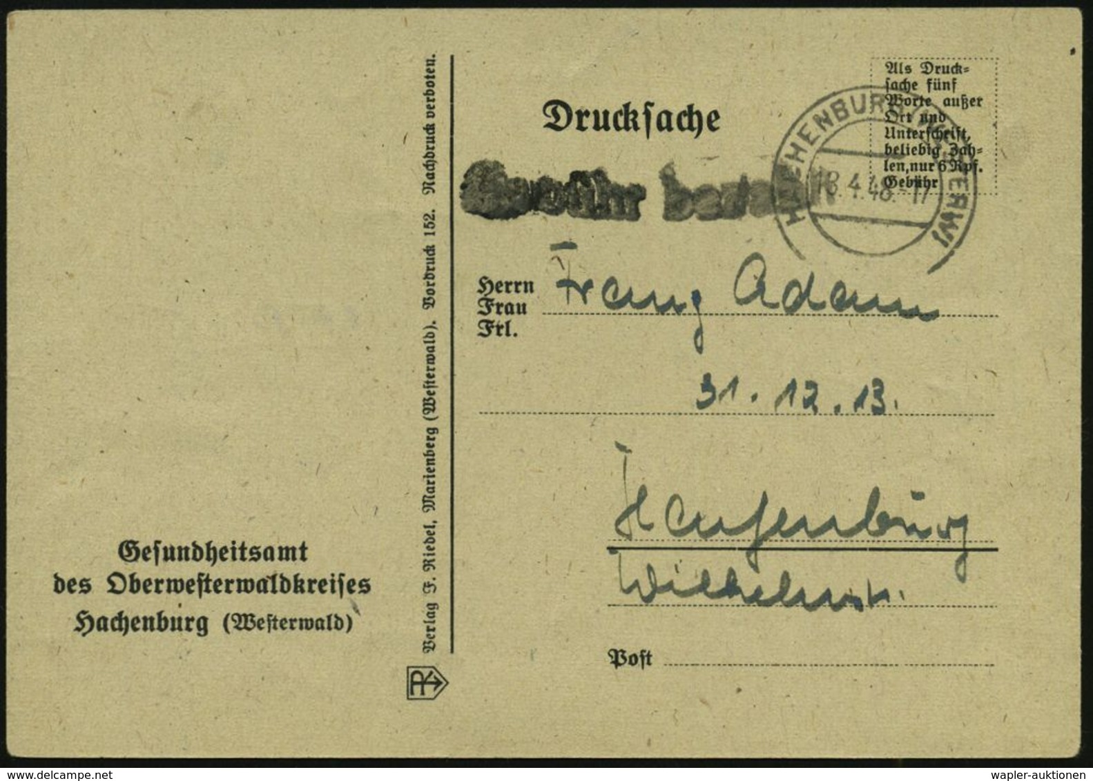 MEDIZINISCHE INSTITUTIONEN & INSTITUTE : HACHENBURG (WESTERW) 1948 (13.4.) 2K-Steg + Schw. 1L: Gebühr Bez., Dienst-Kt: G - Médecine