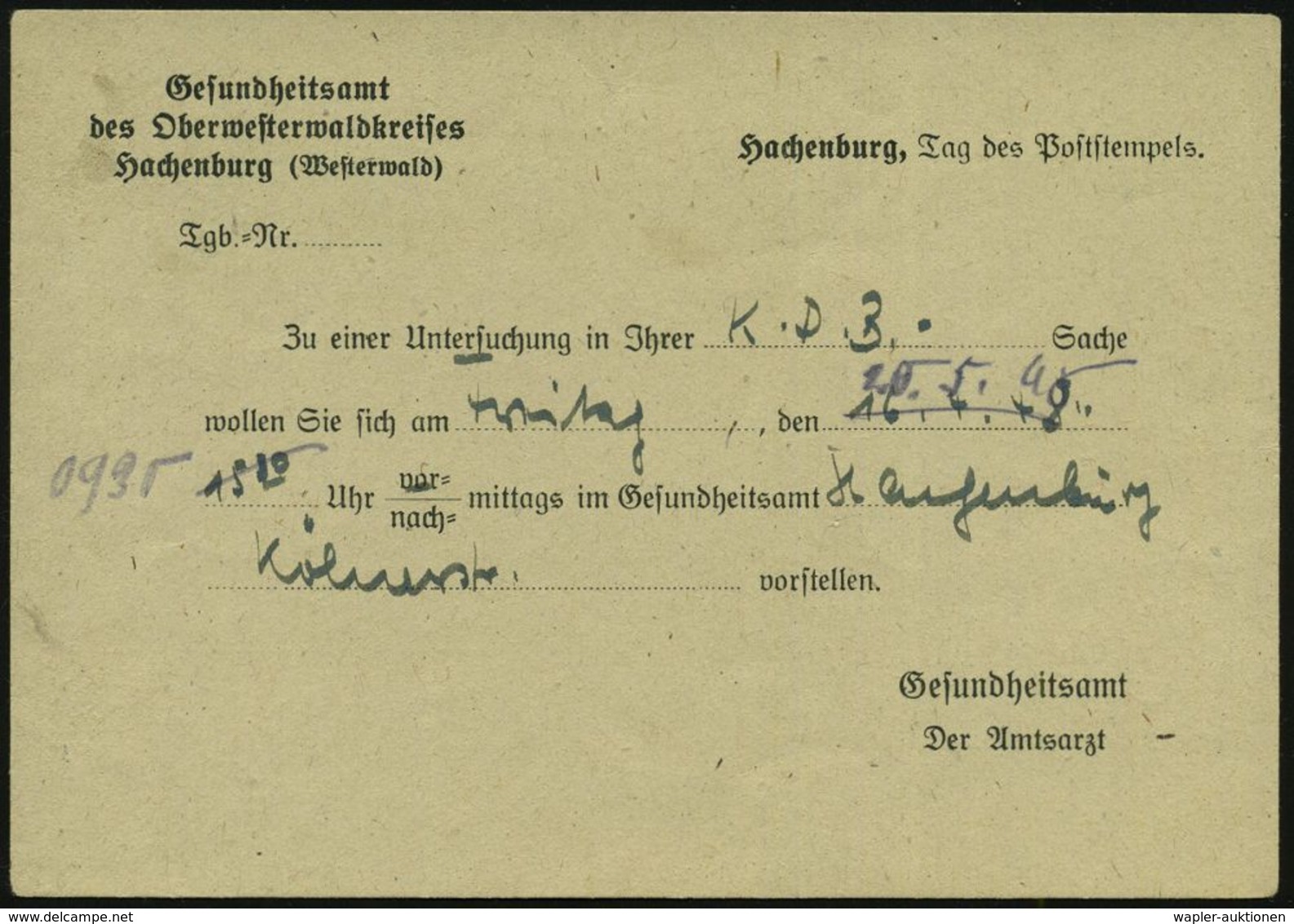 MEDIZINISCHE INSTITUTIONEN & INSTITUTE : HACHENBURG (WESTERW) 1948 (13.4.) 2K-Steg + Schw. 1L: Gebühr Bez., Dienst-Kt: G - Médecine